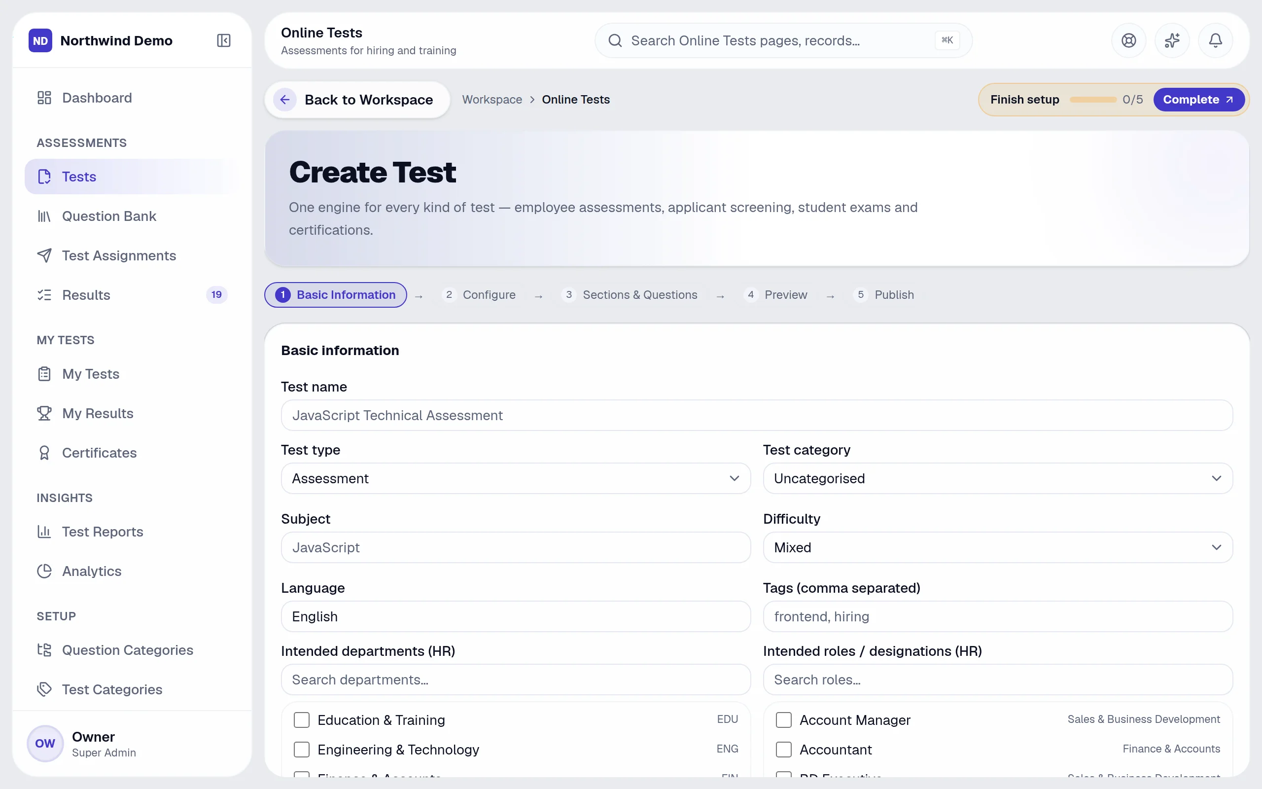 Online Tests — New test: the real screen