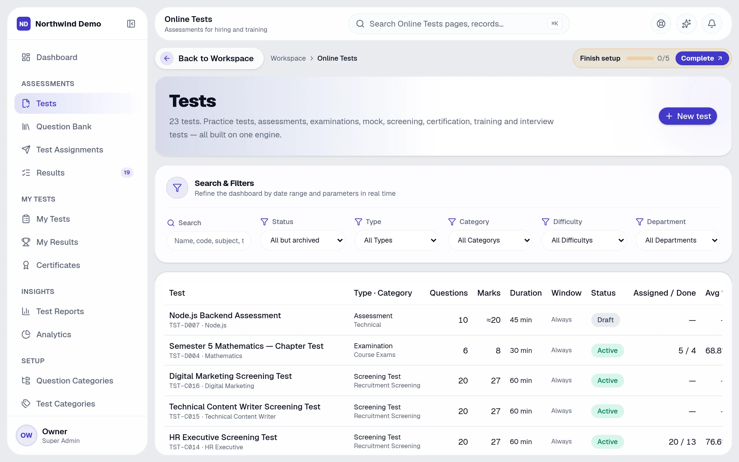 Online Tests — Tests: the real screen