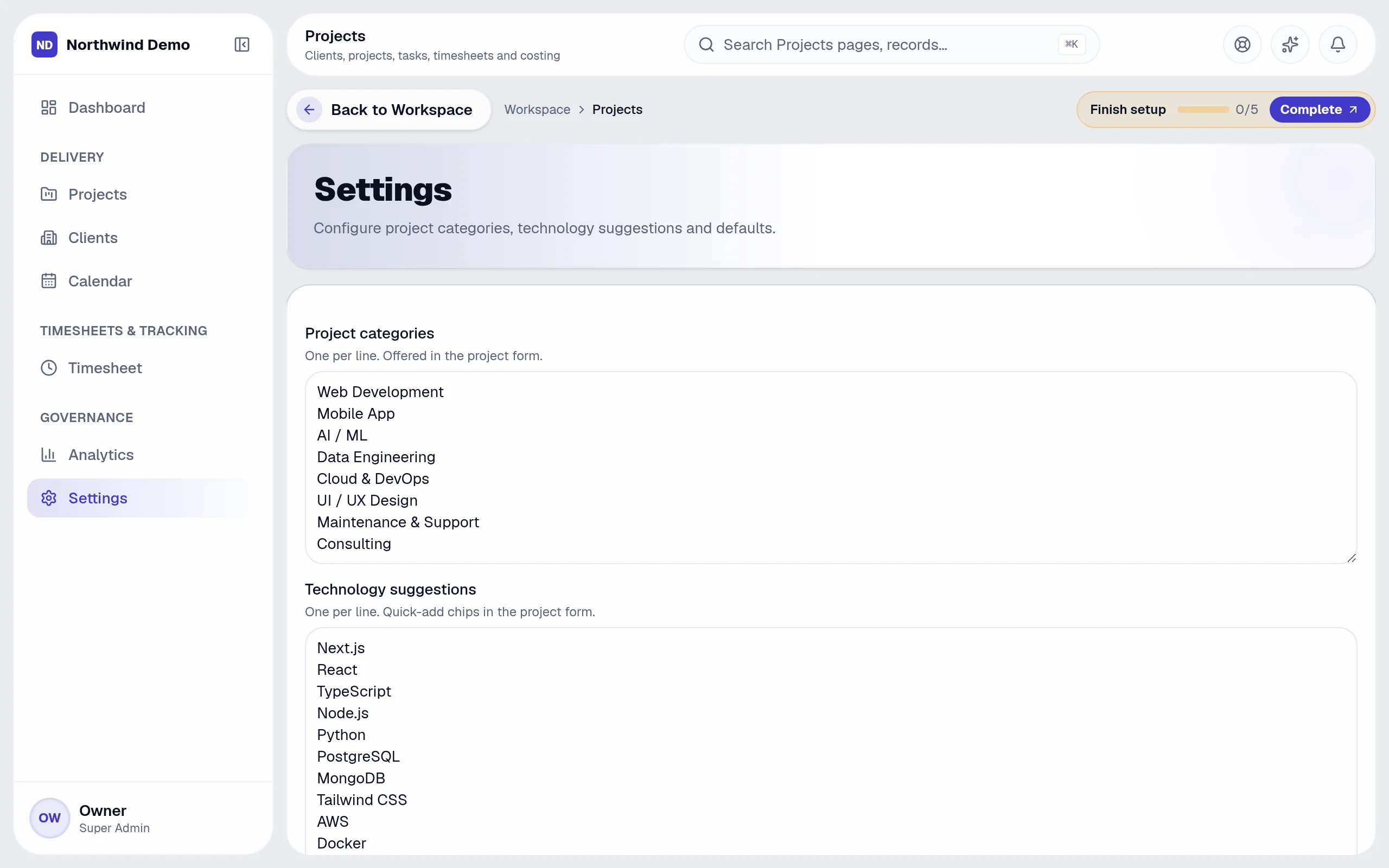 Projects — Settings: the real screen