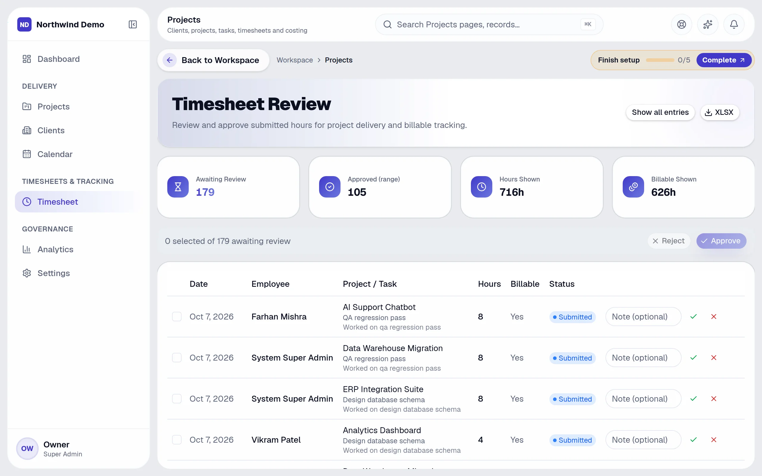 Projects — Timesheets: the real screen