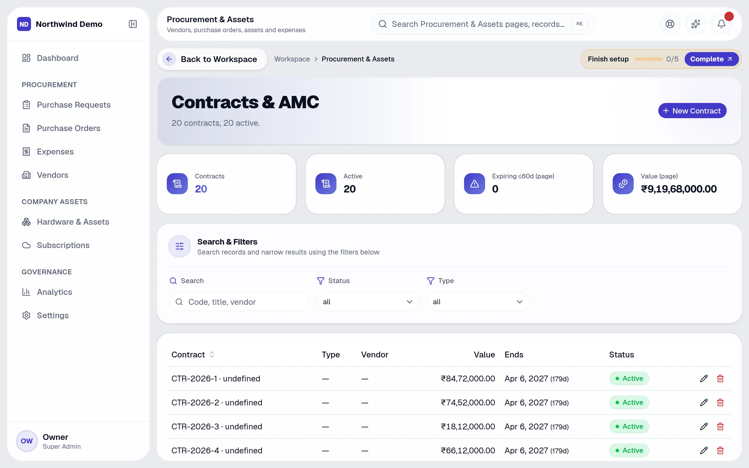Procurement & Assets — Contracts: the real screen