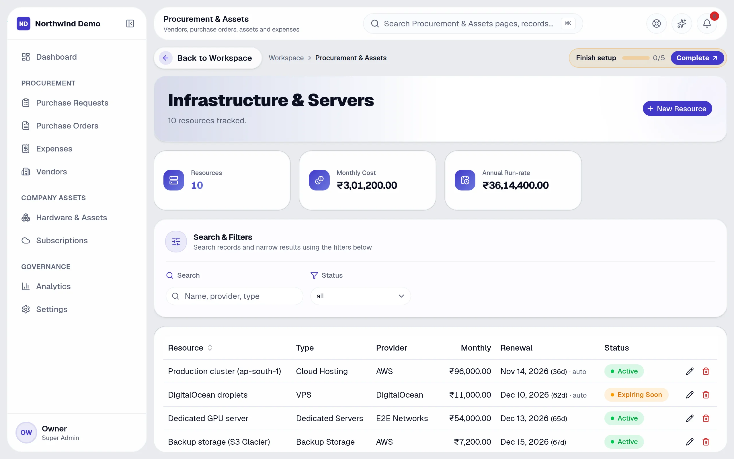 Procurement & Assets — Infrastructure: the real screen