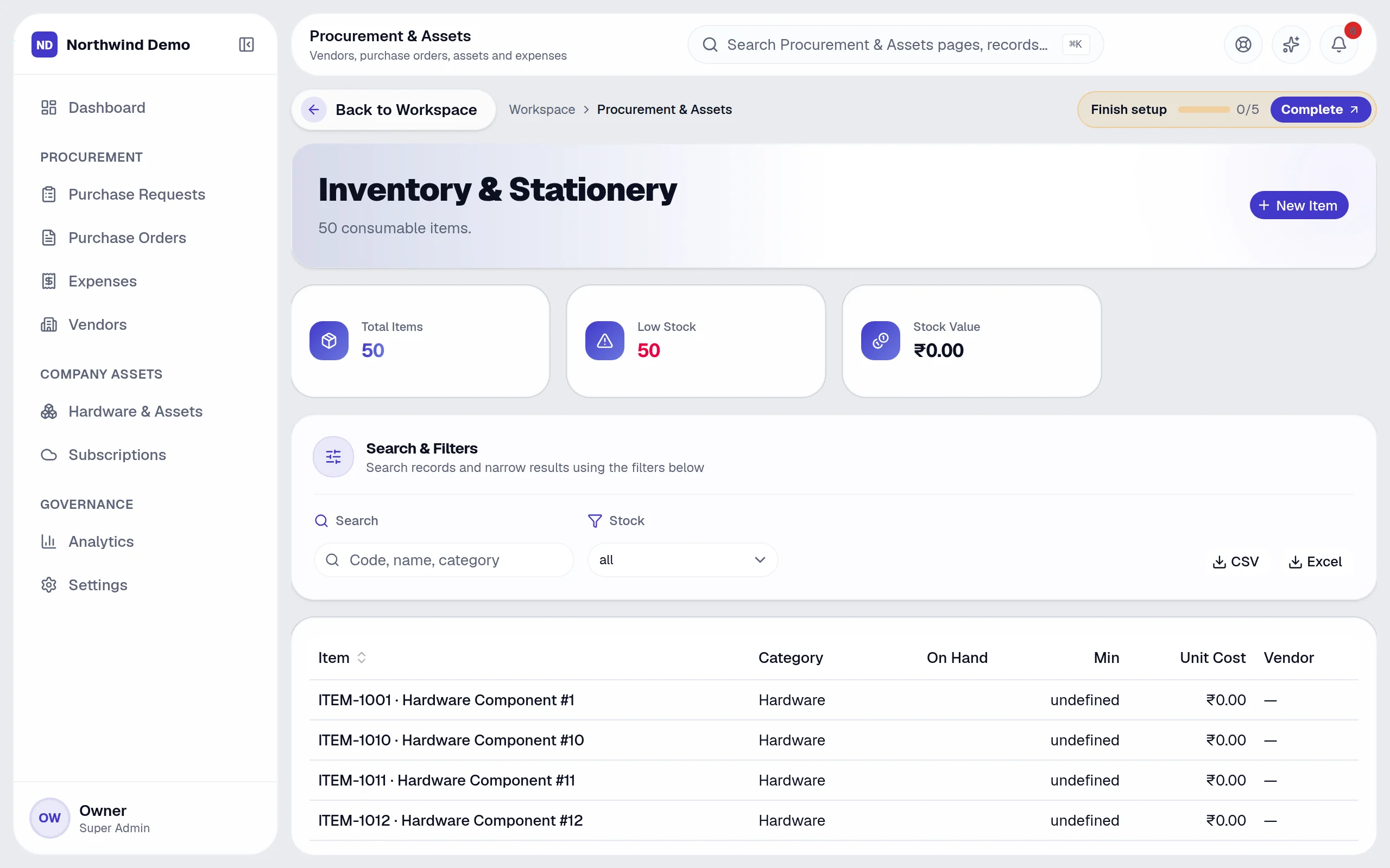 Procurement & Assets — Inventory: the real screen