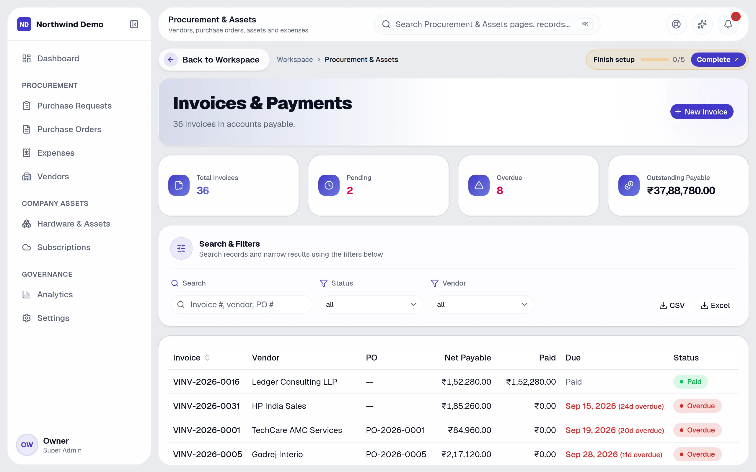 Procurement & Assets — Vendor invoices: the real screen