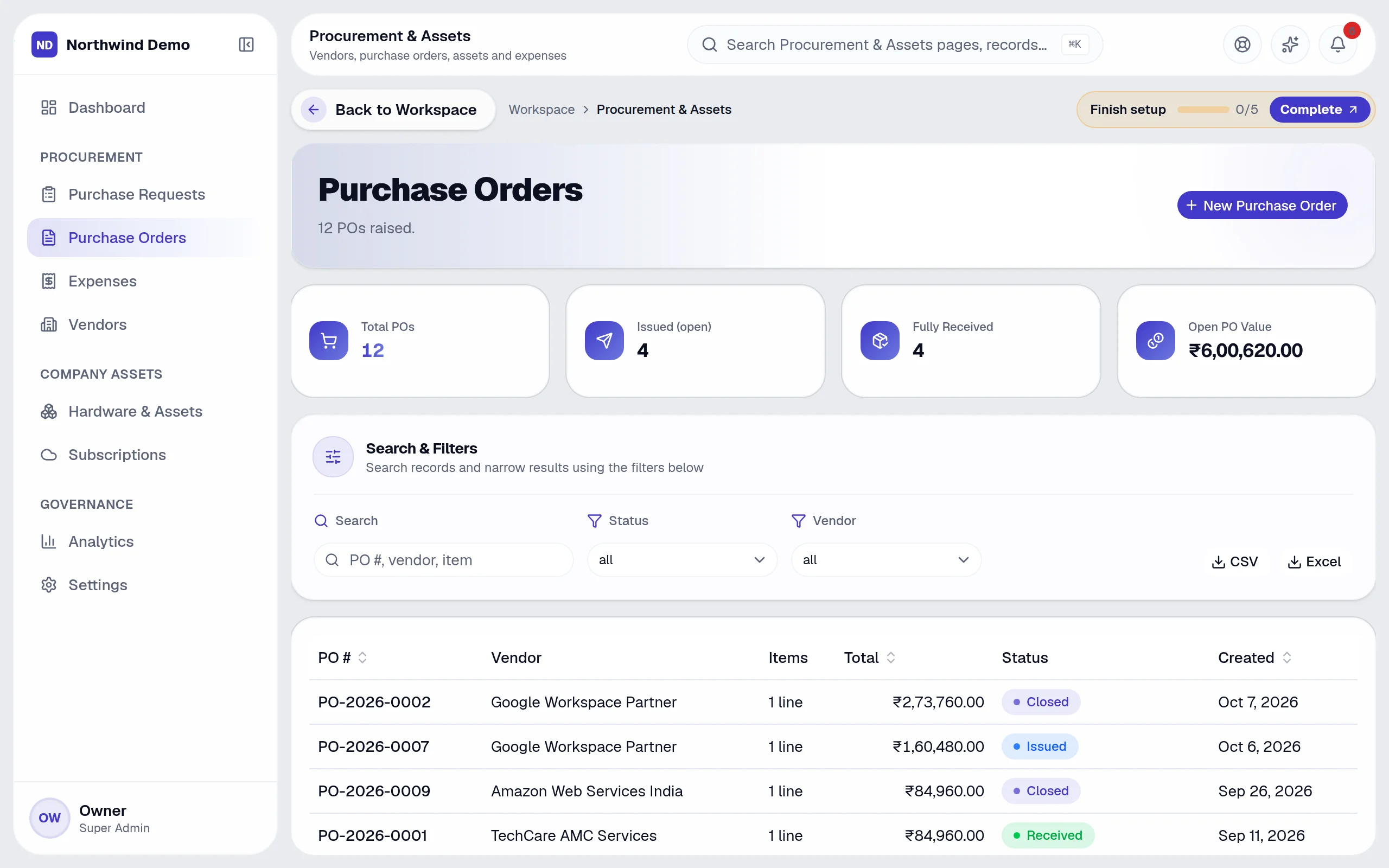 Procurement & Assets — Purchase orders: the real screen