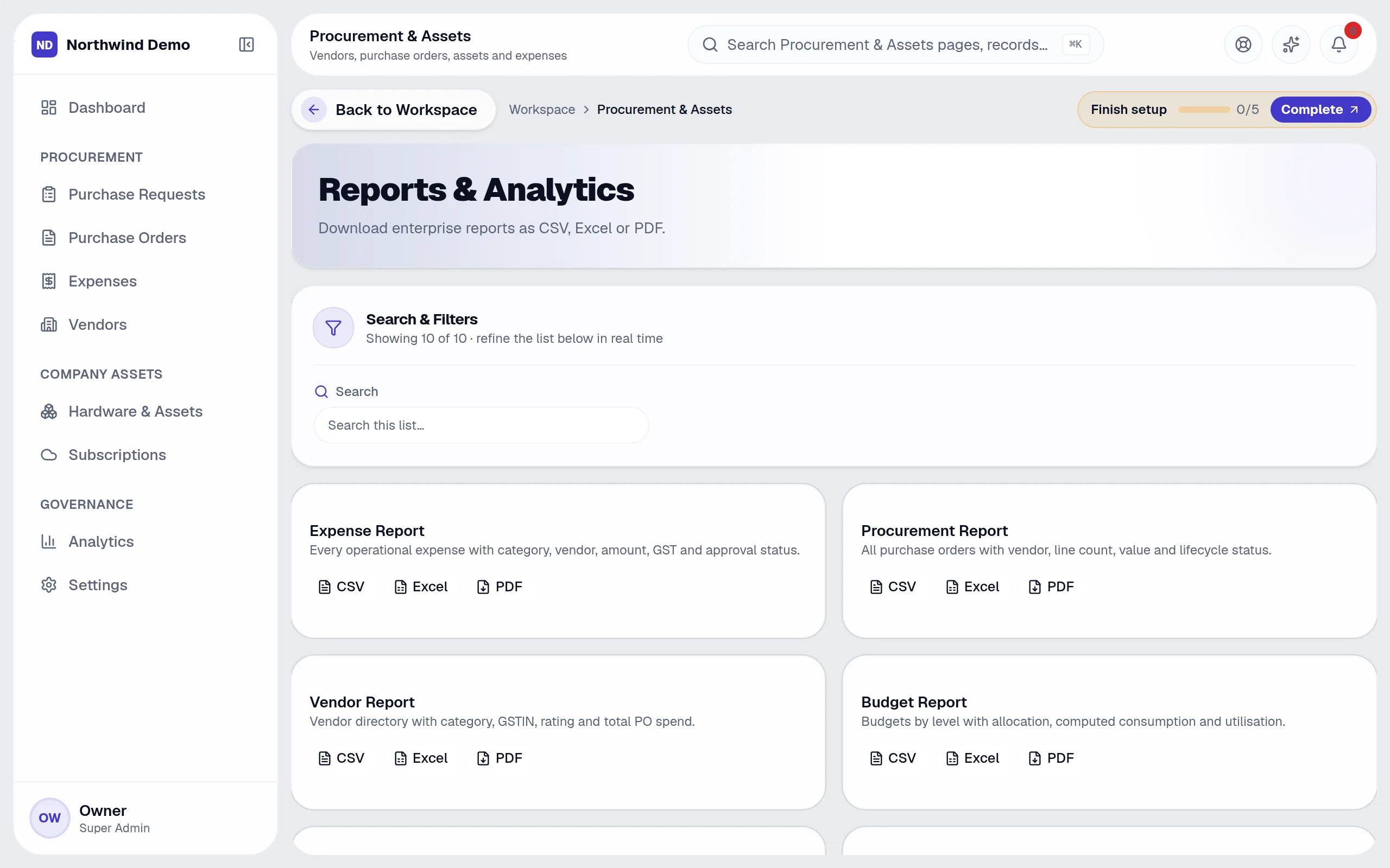 Procurement & Assets — Procurement analytics & reports: the real screen