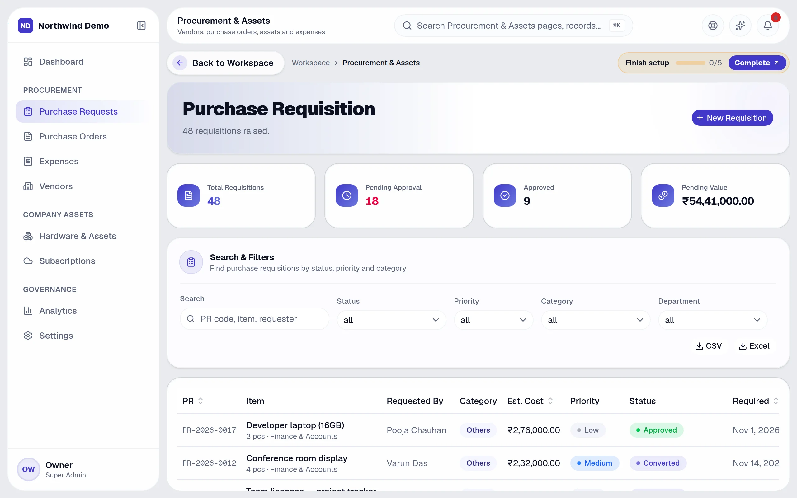 Procurement & Assets — Purchase requests: the real screen