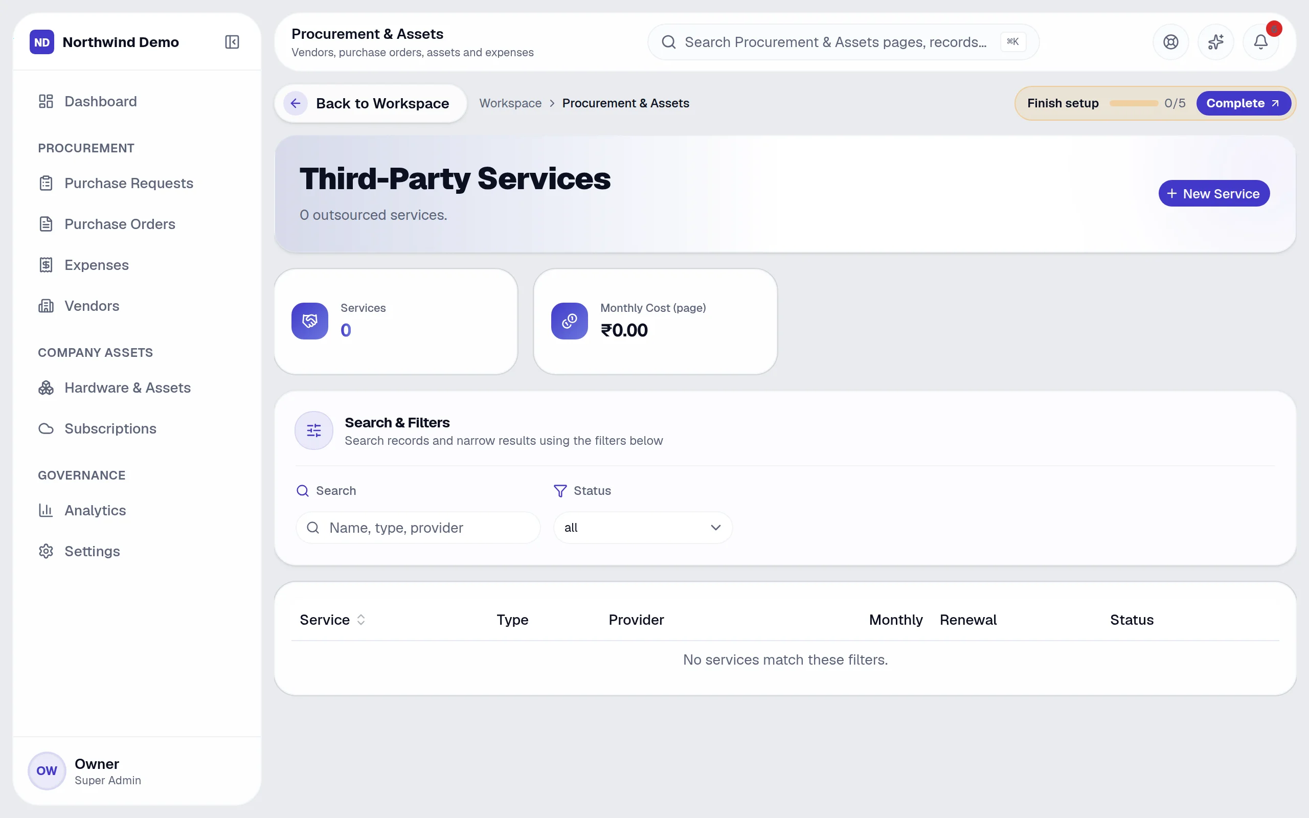 Procurement & Assets — Third-party services: the real screen