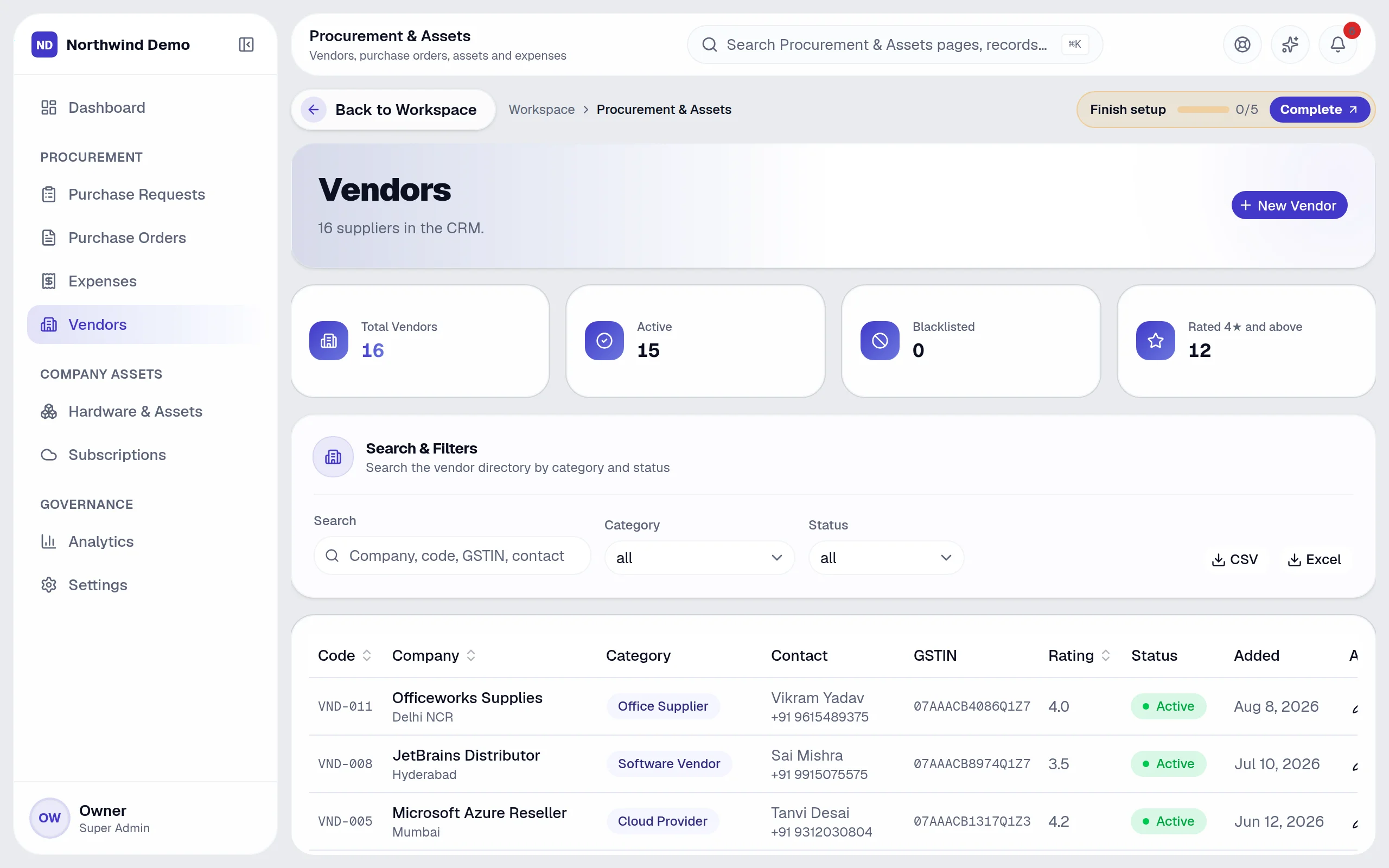 Procurement & Assets — Vendors: the real screen
