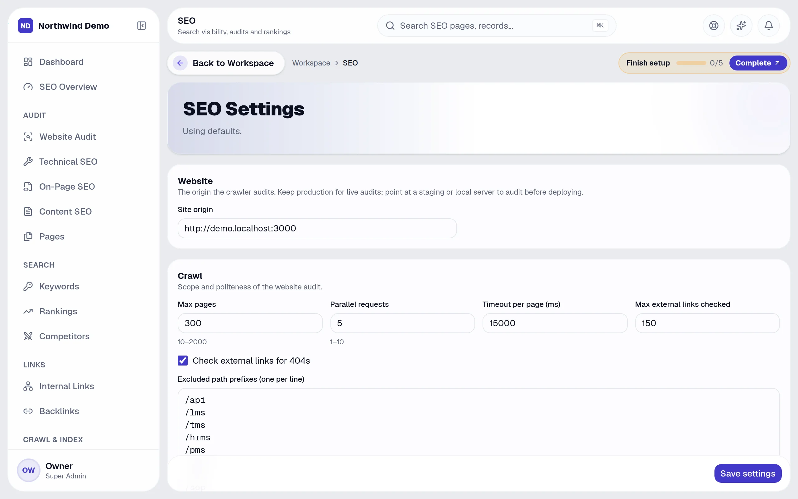 SEO — Settings & audit trail: the real screen