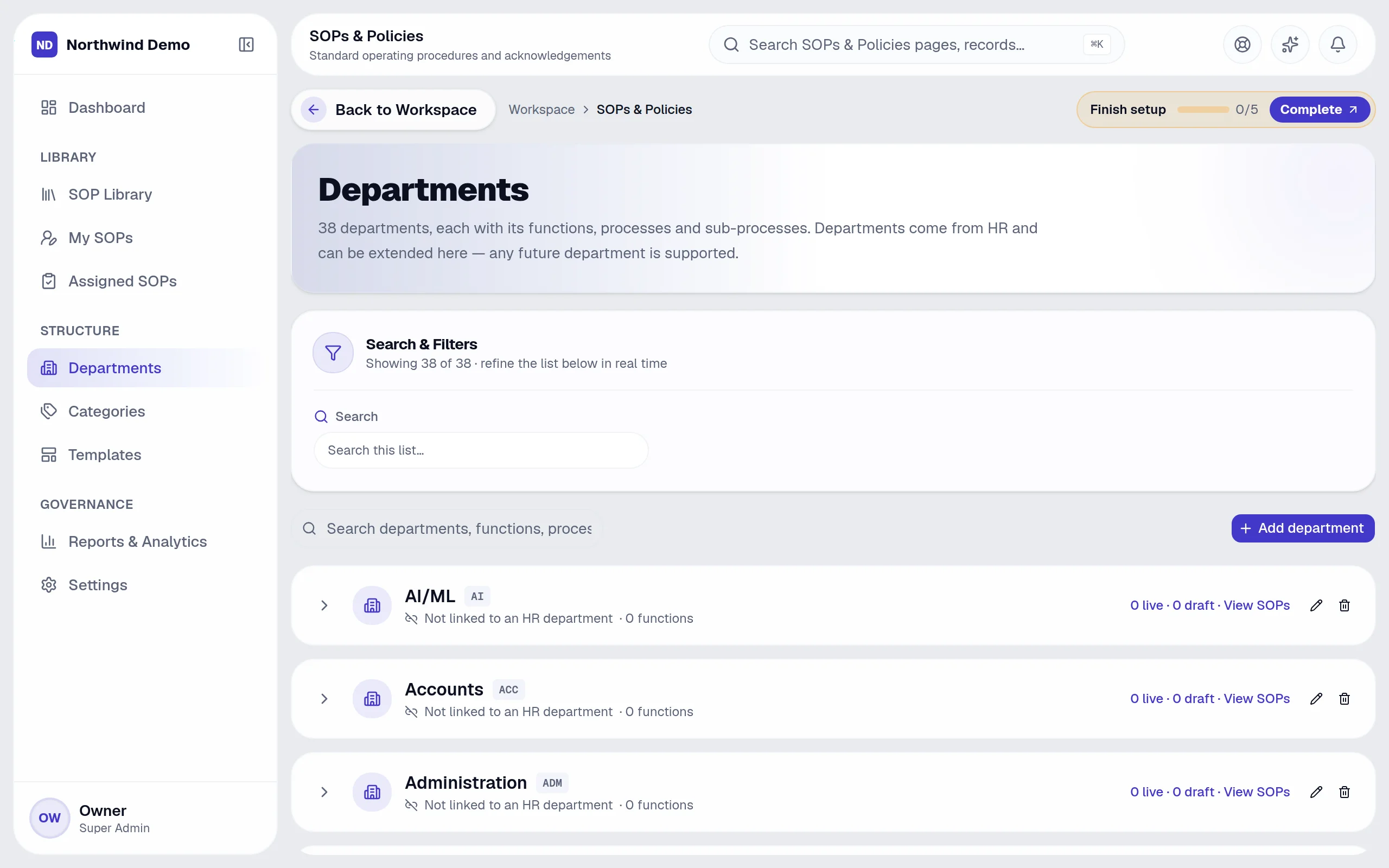 SOPs & Policies — Departments: the real screen