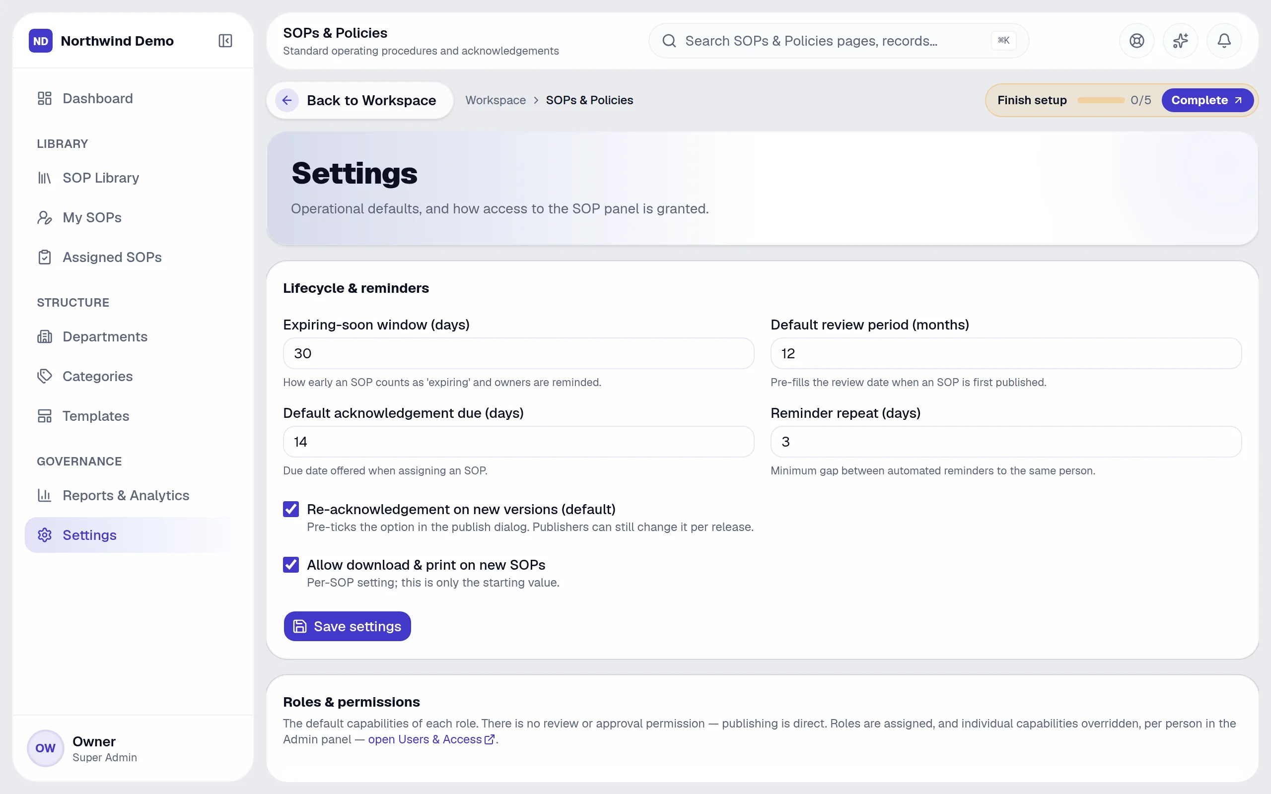 SOPs & Policies — Settings & audit trail: the real screen