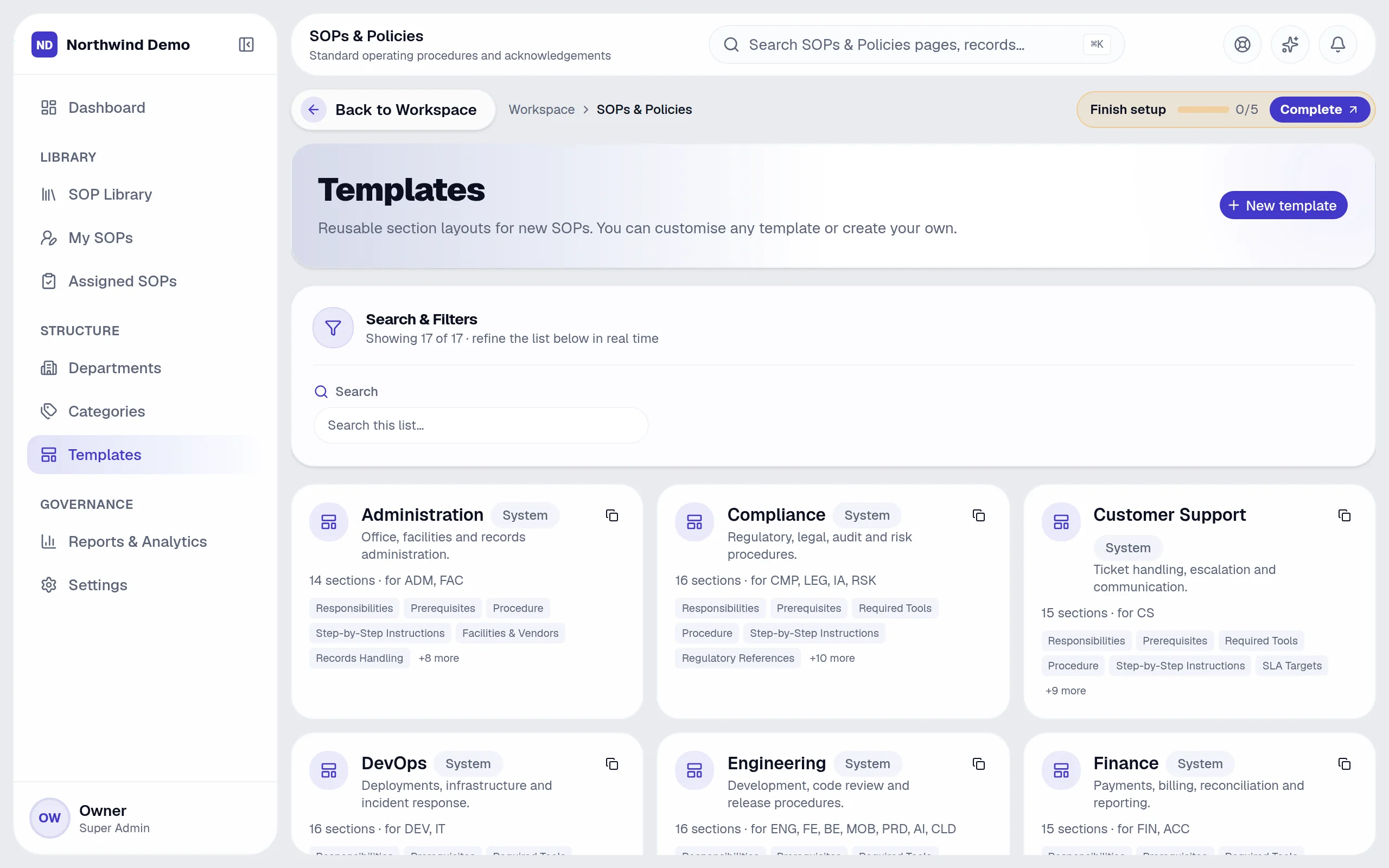 SOPs & Policies — Templates: the real screen