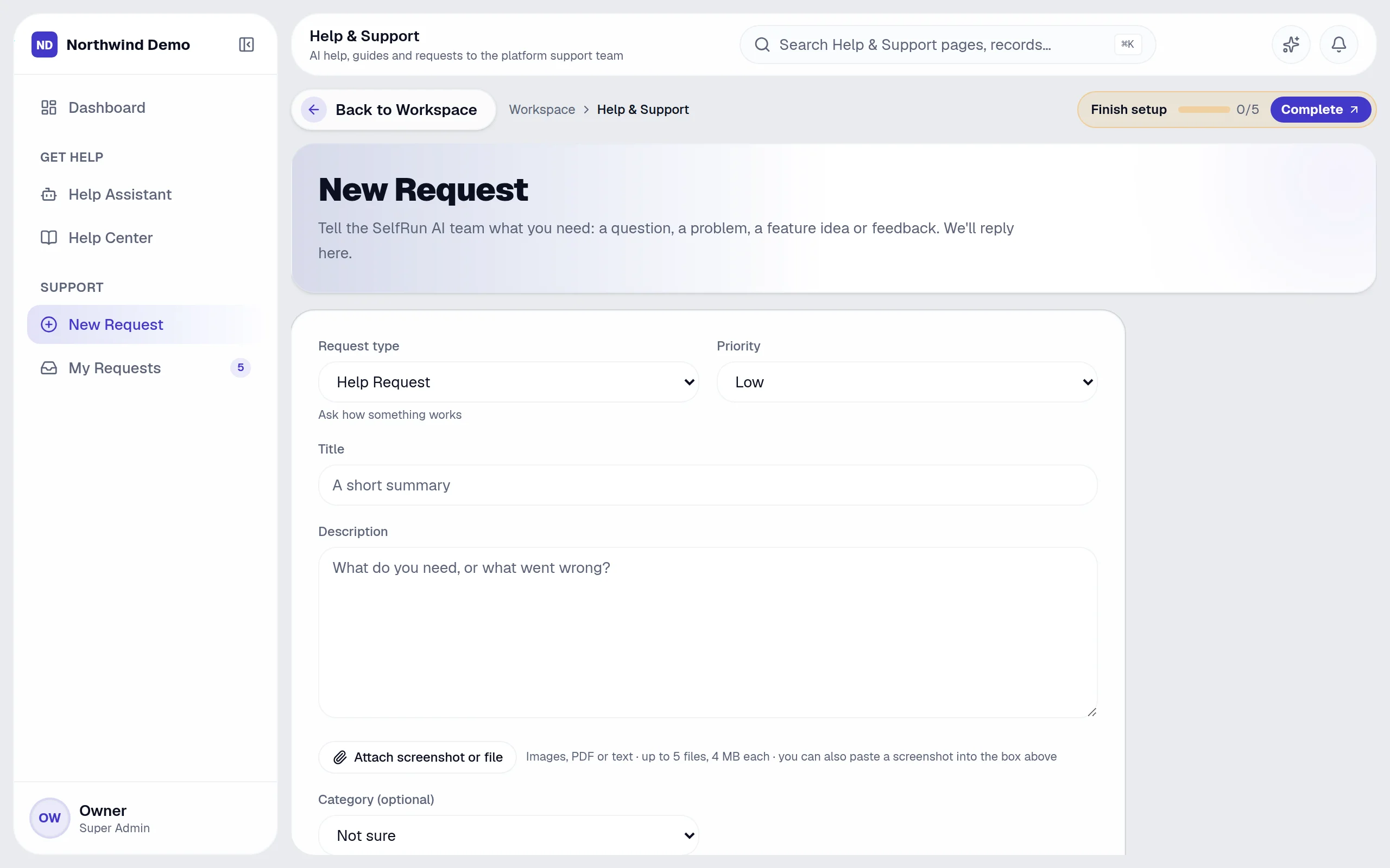 Help & Support — New request: the real screen