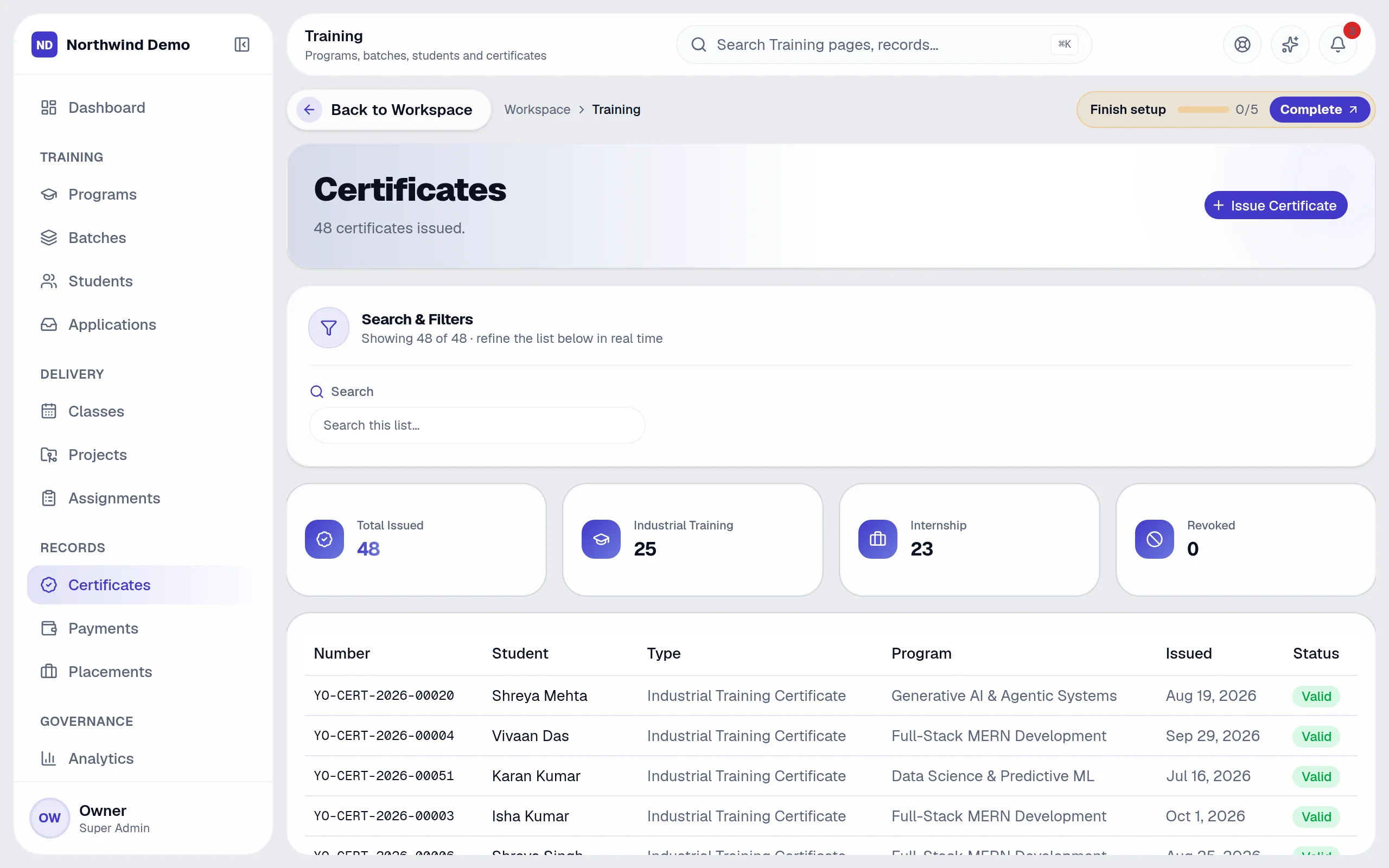 Training — Certificates: the real screen