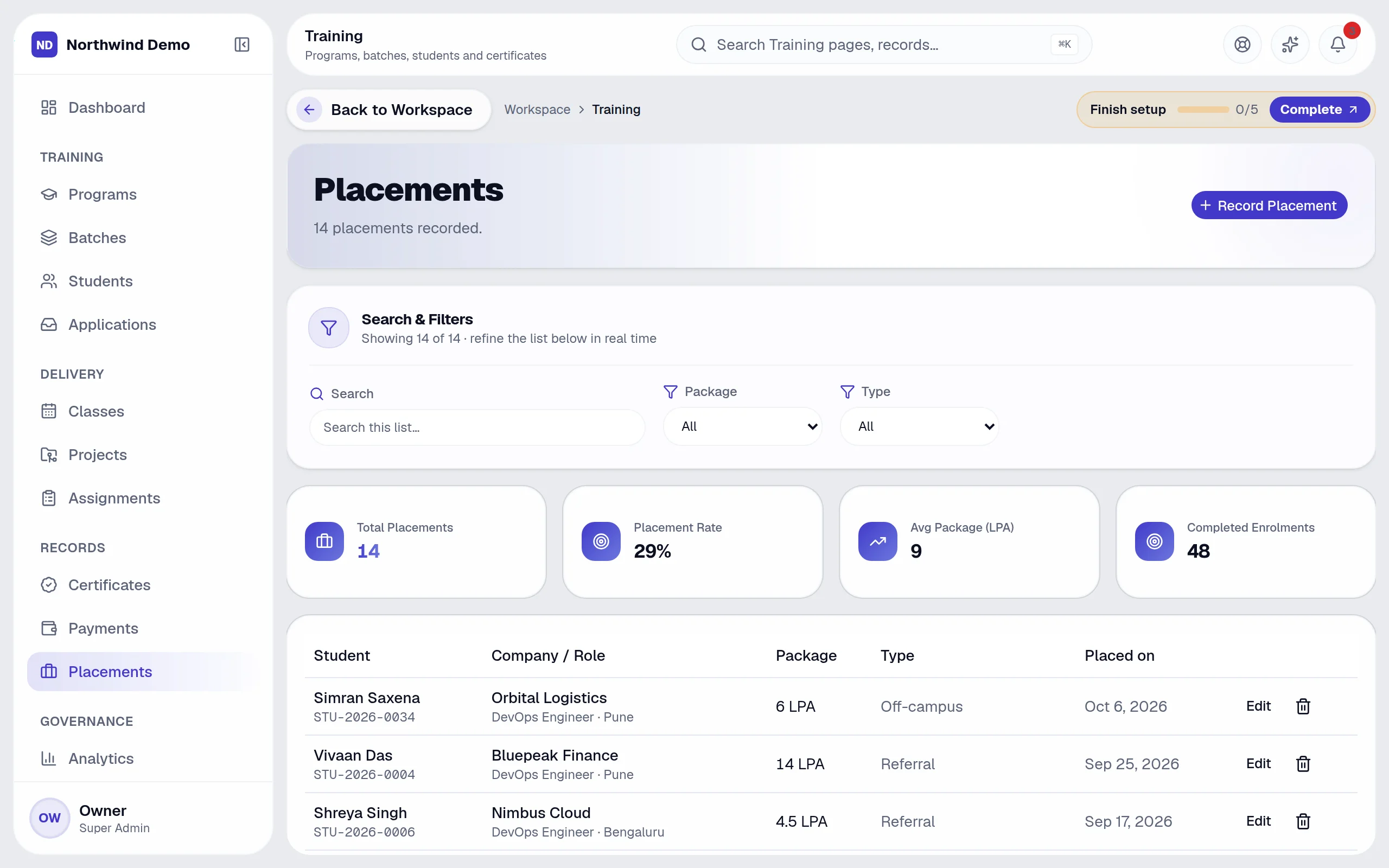 Training — Placements: the real screen