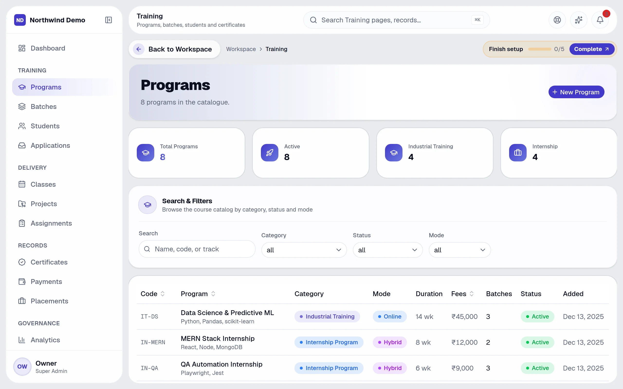 Training — Programs: the real screen