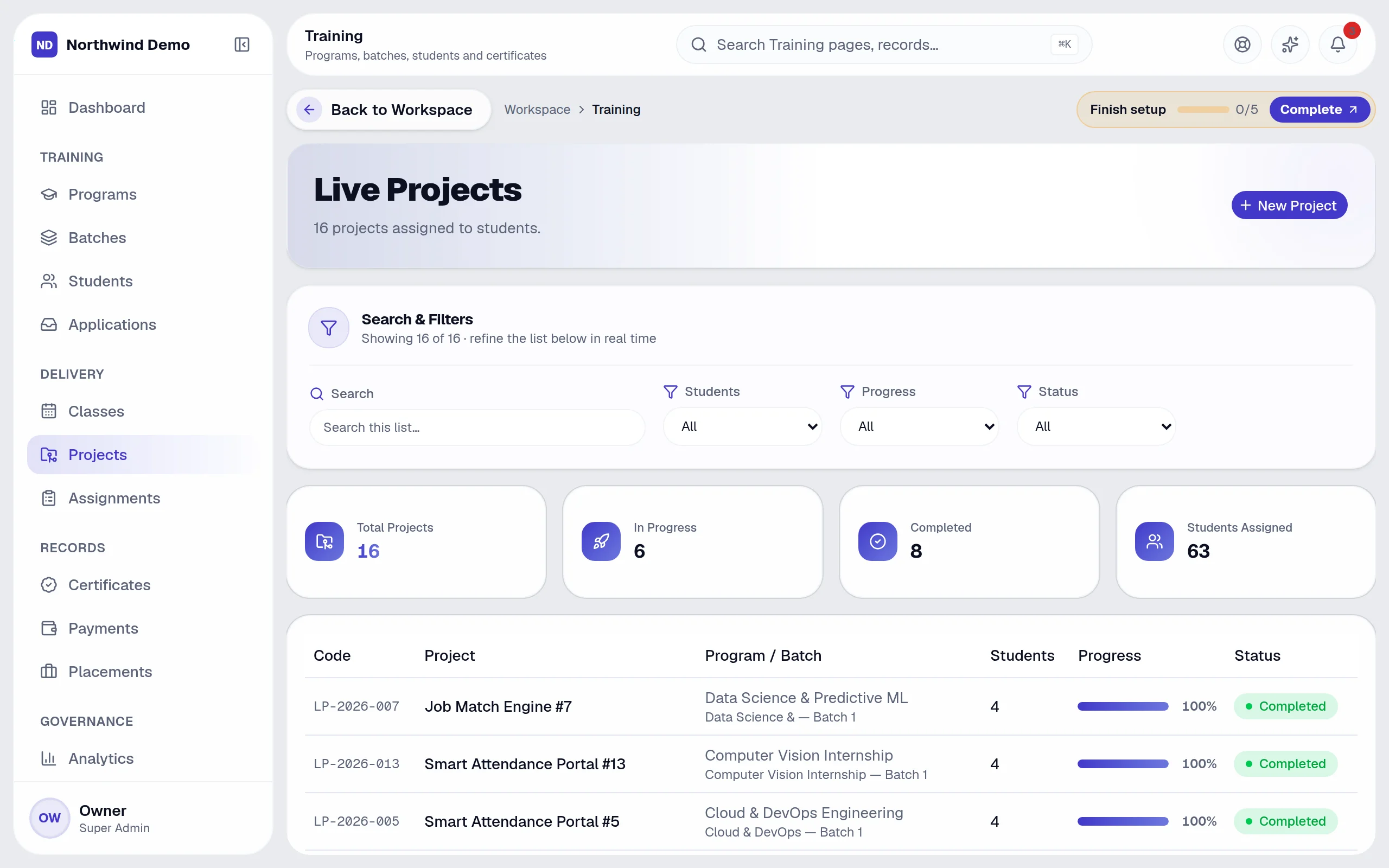 Training — Projects: the real screen