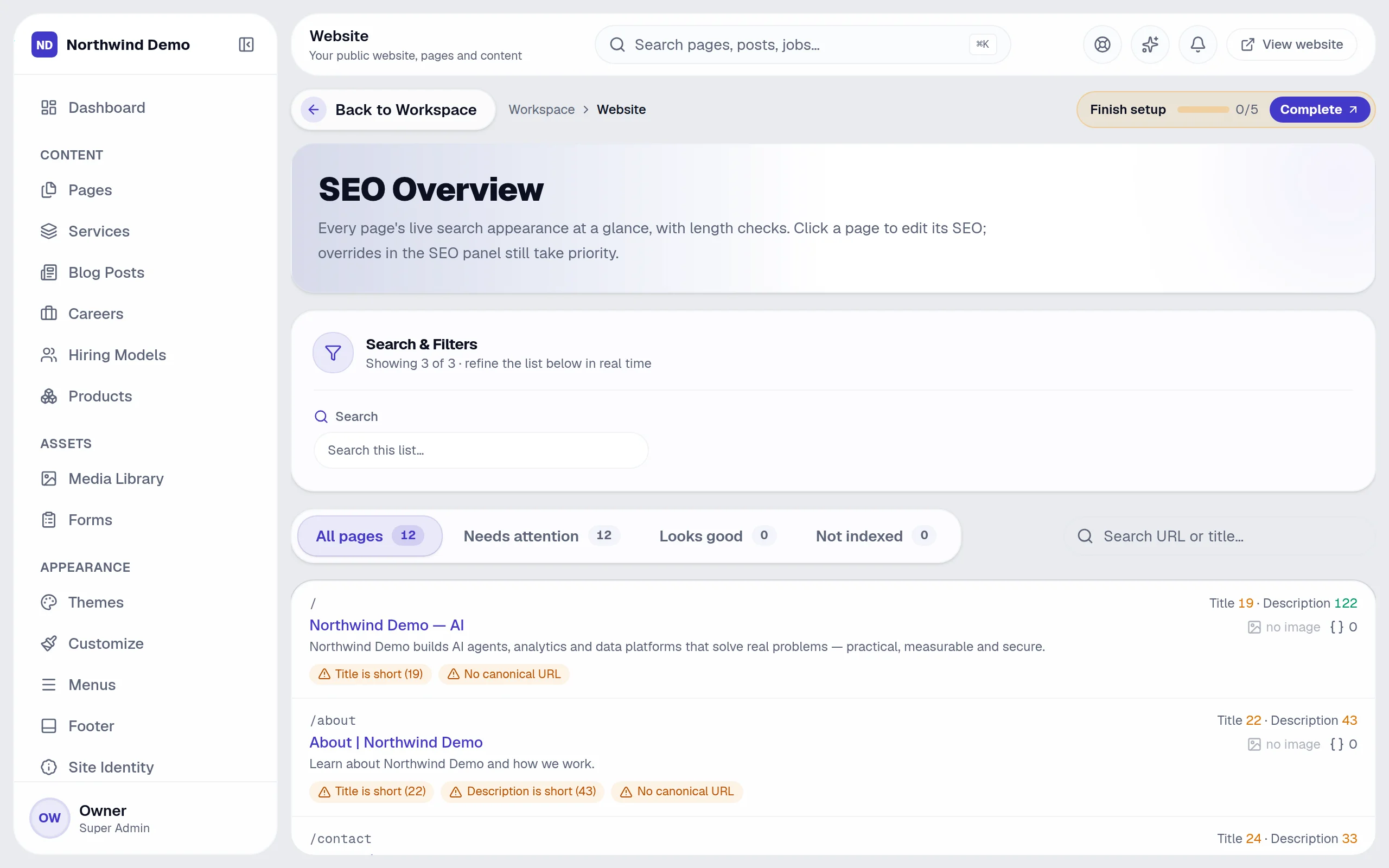 Public Website — SEO built in: the real screen