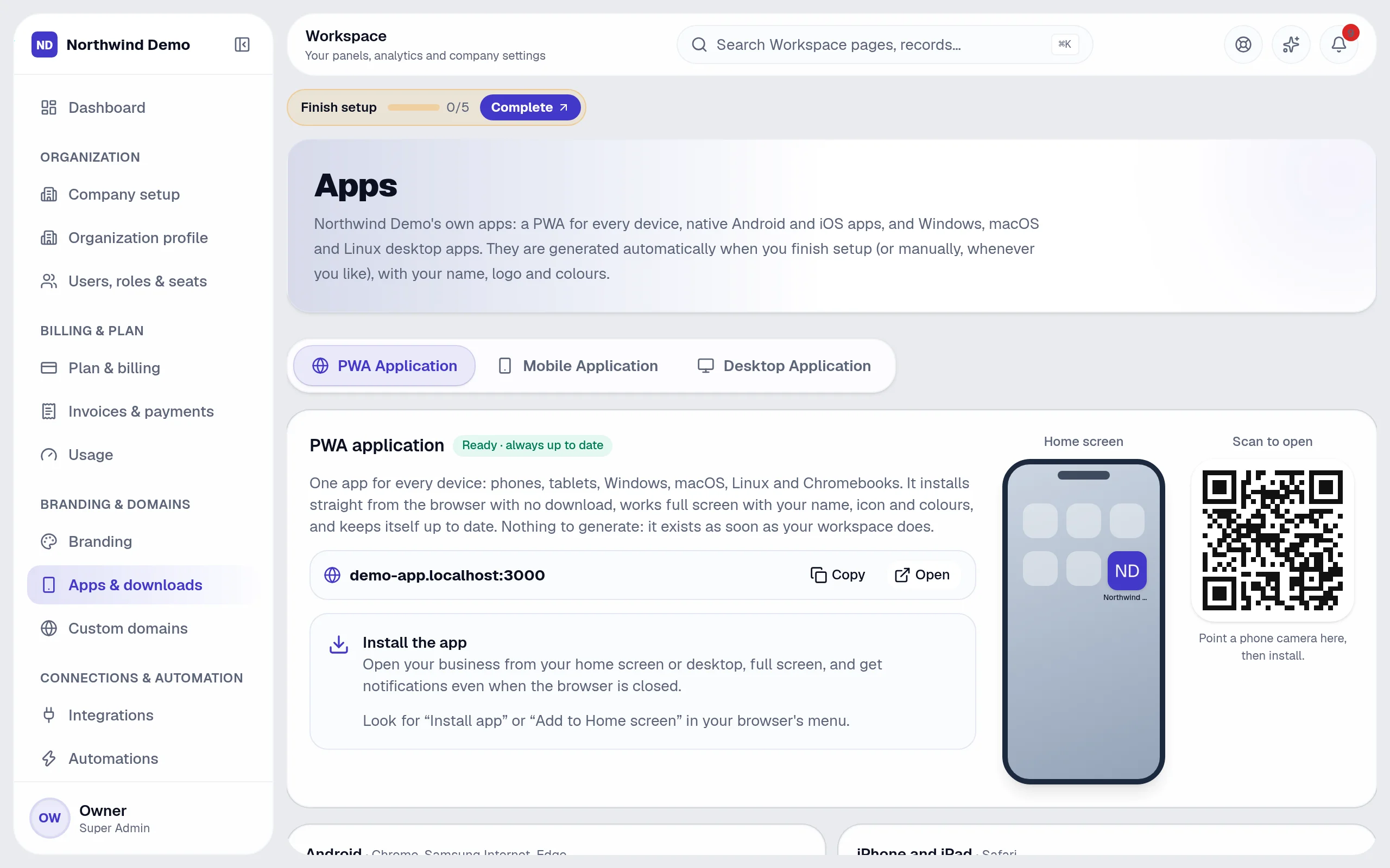 Workspace — Apps & downloads: the real screen