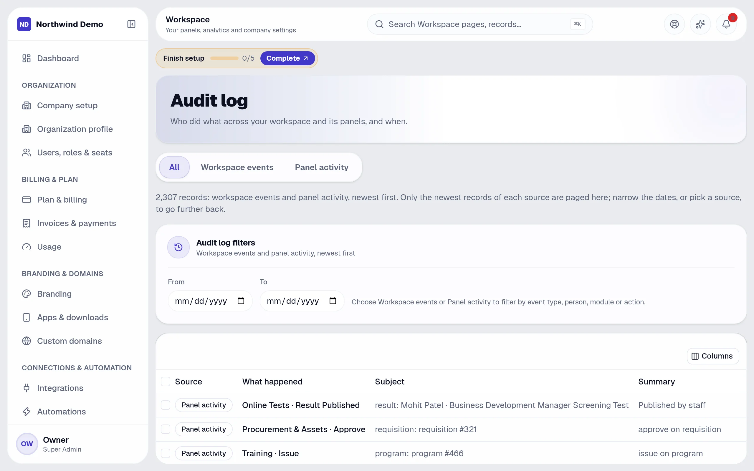 Workspace — Audit log: the real screen