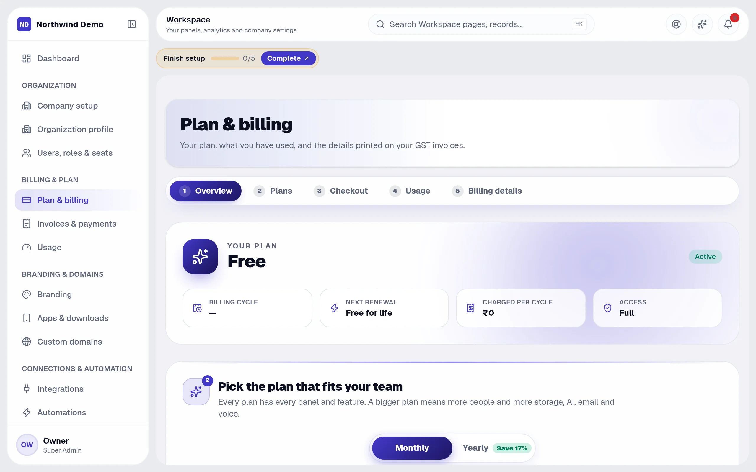 Workspace — Plan & billing: the real screen