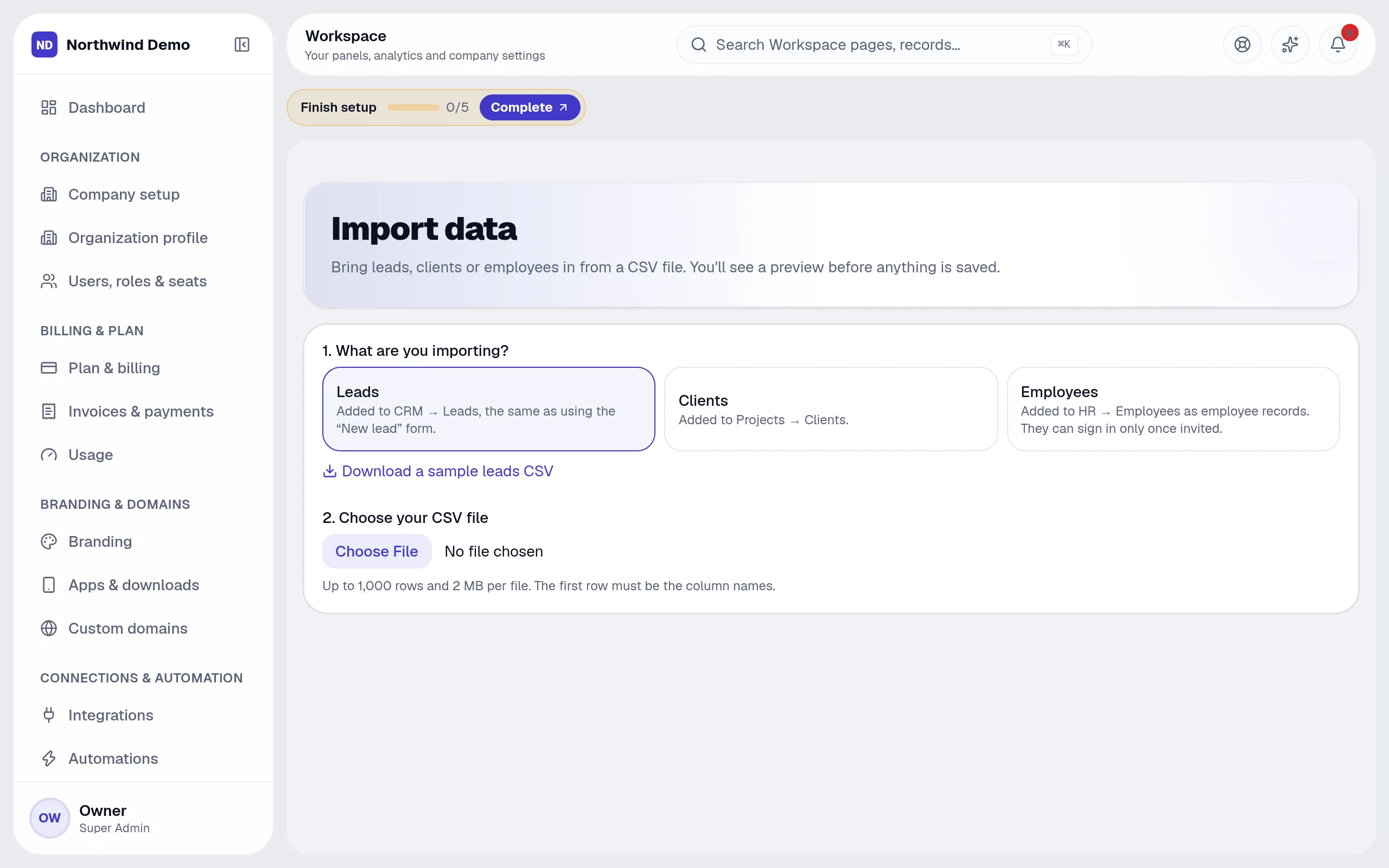 Workspace — Data import: the real screen