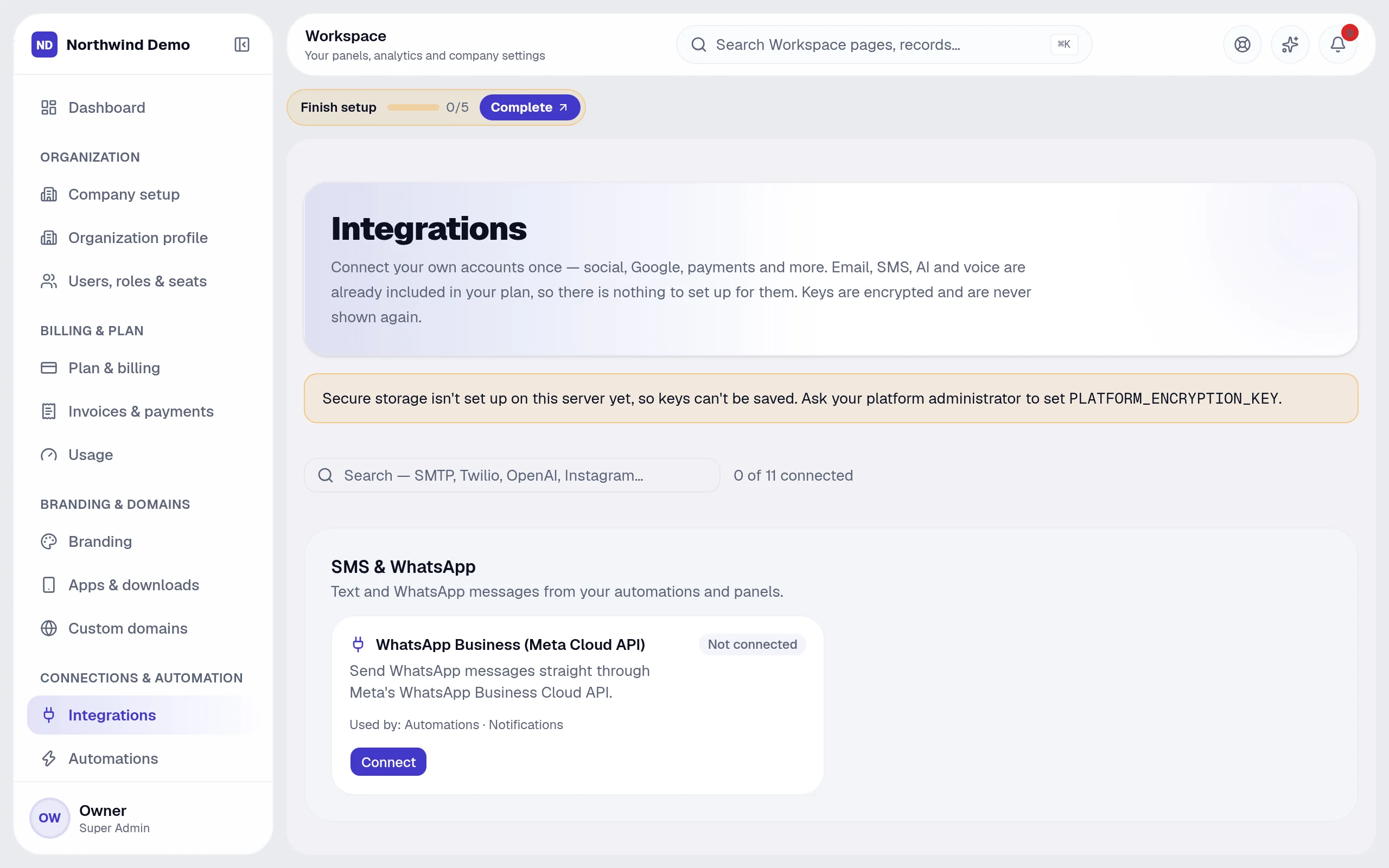 Workspace — Integrations: the real screen