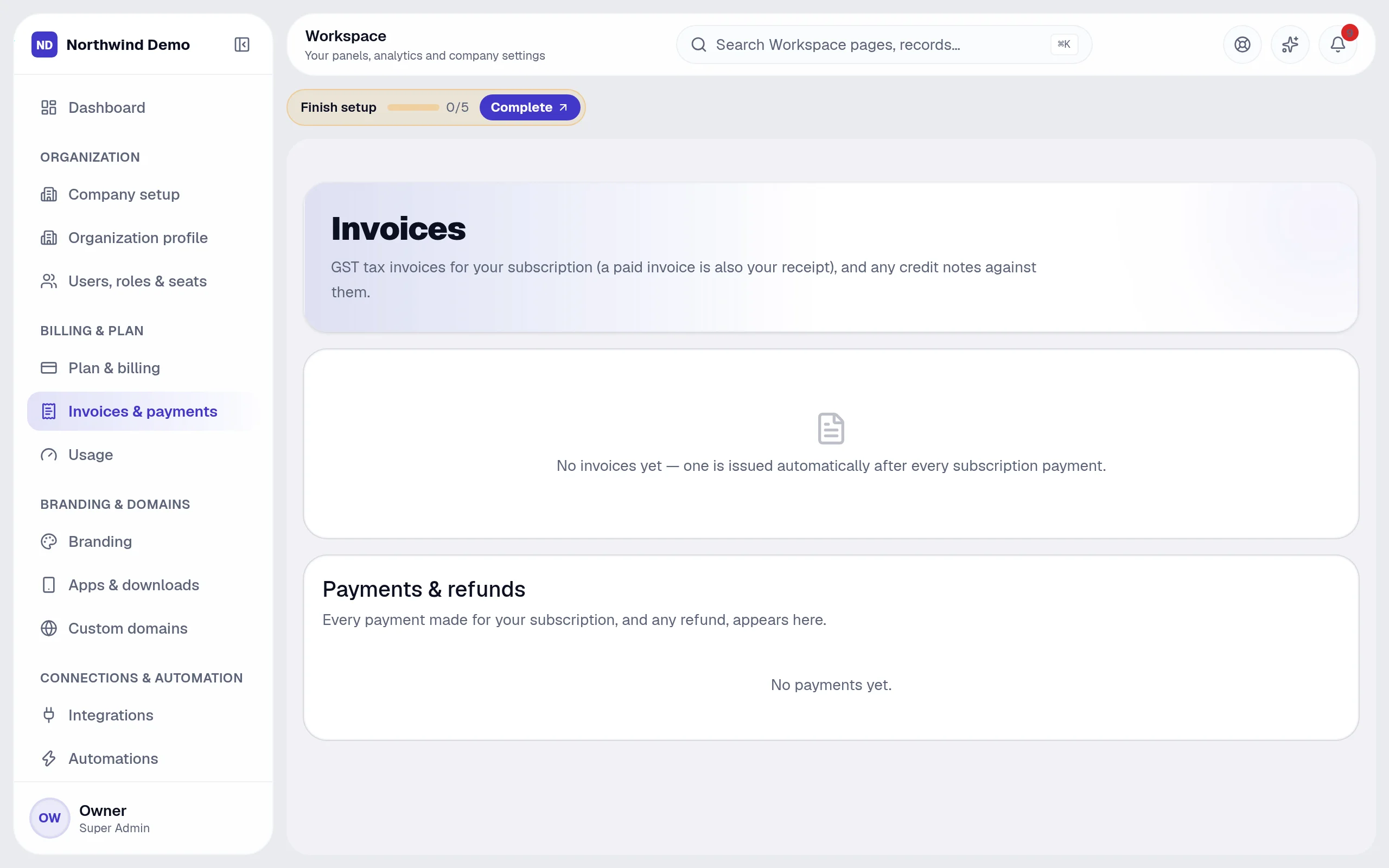 Workspace — Invoices & payments: the real screen