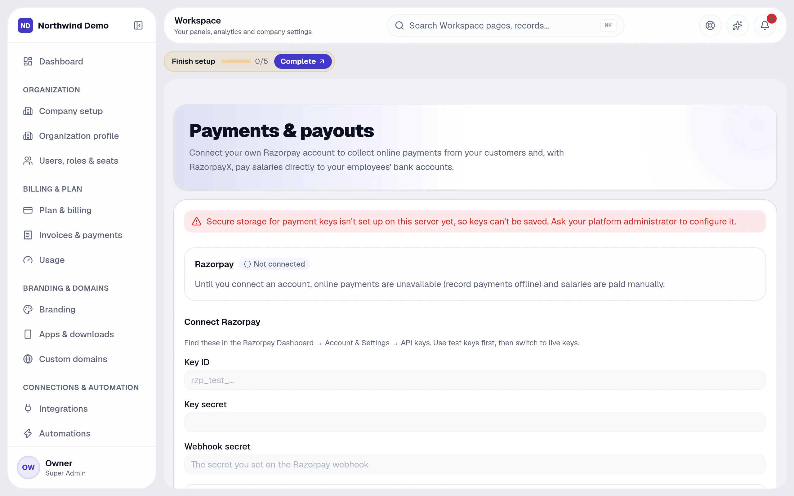 Workspace — Payment account: the real screen