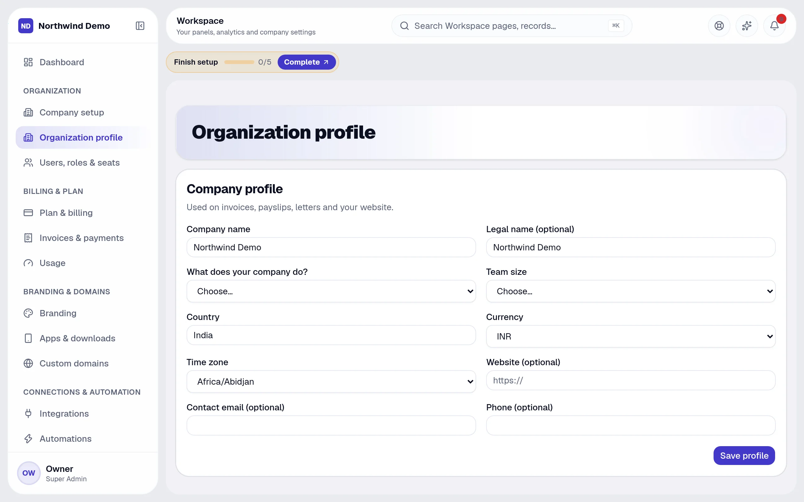 Workspace — Organization profile: the real screen