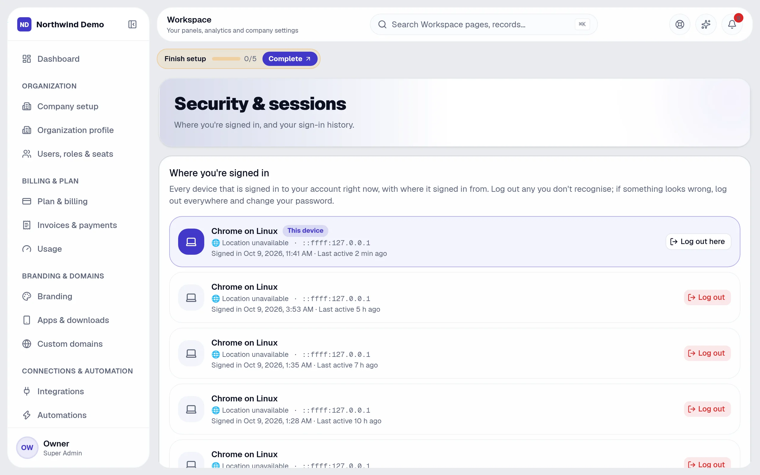 Workspace — Sessions & devices: the real screen