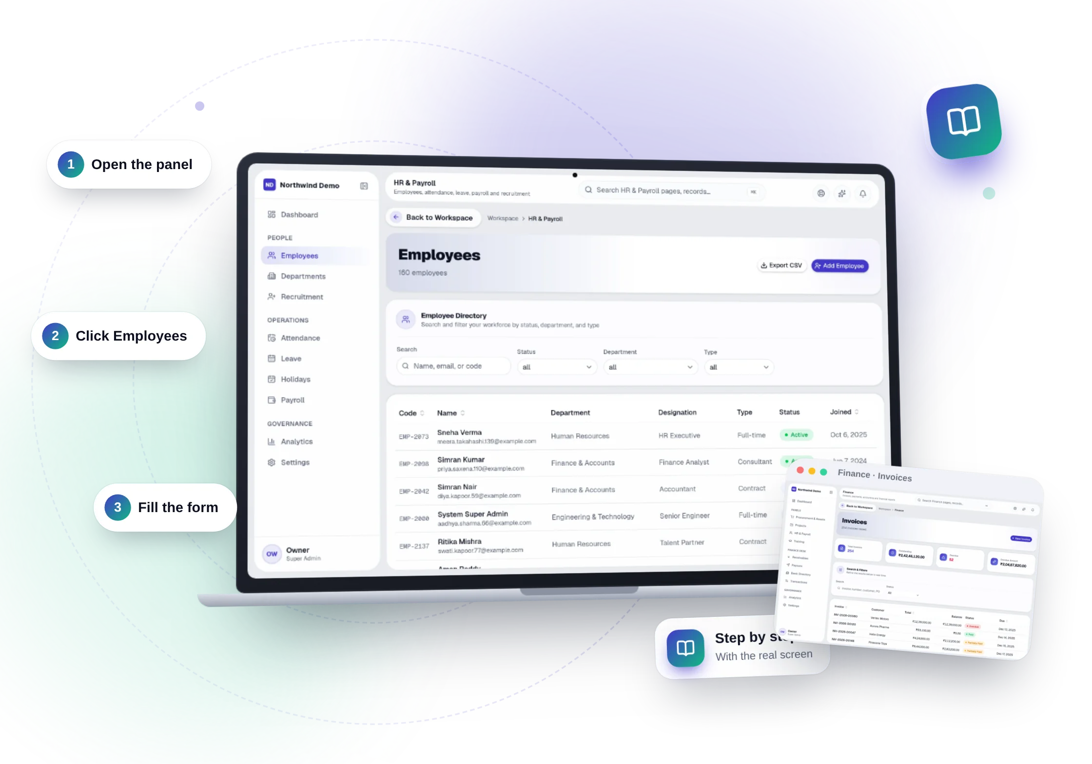 Import leads, clients and employees from CSV — the real product, on its own artwork