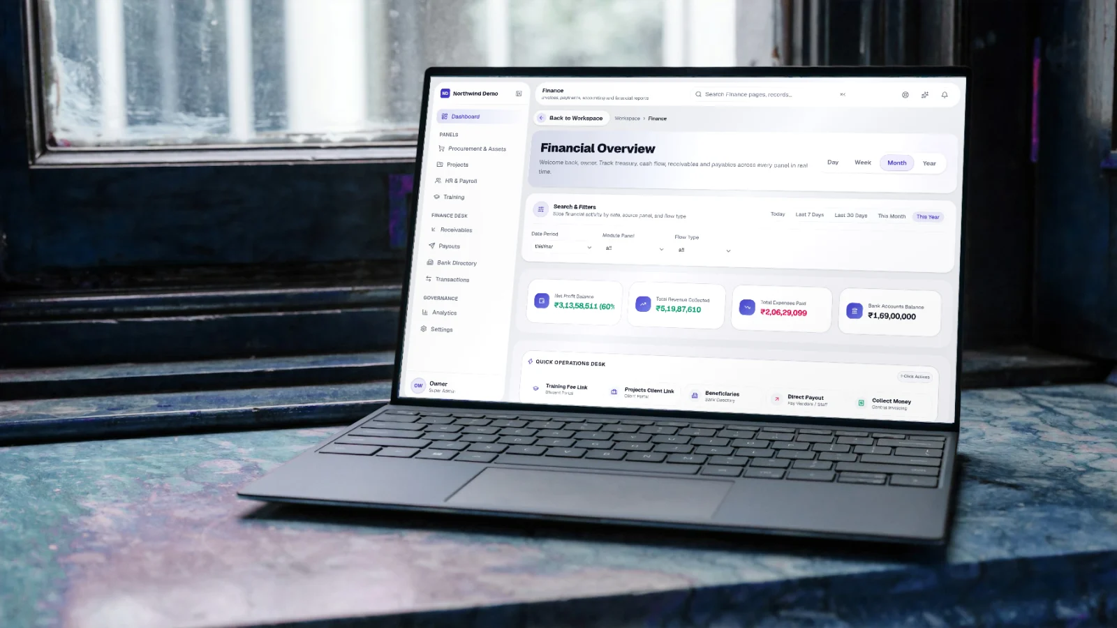 SelfRun CashFlow AI — real screen of the product on a laptop
