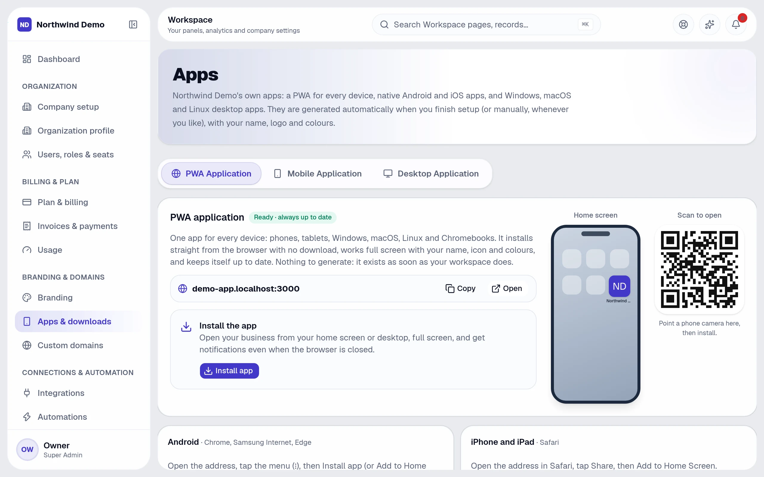 Your own apps: install, Android, iOS and desktop — real screen of the product on a laptop