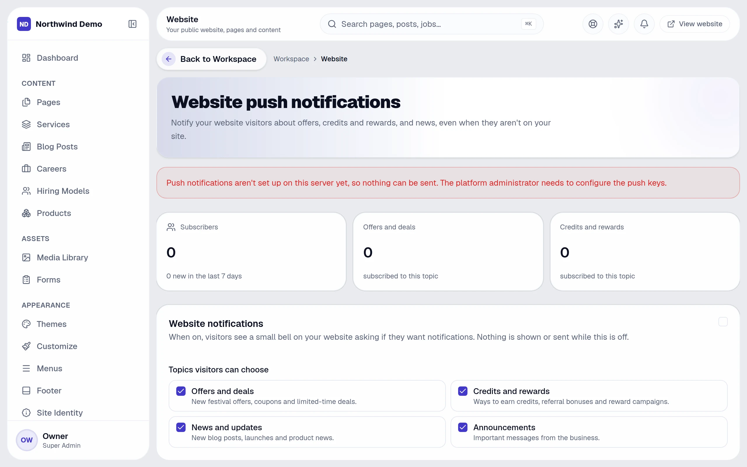 Switch on push notifications — real screen of the product on a laptop