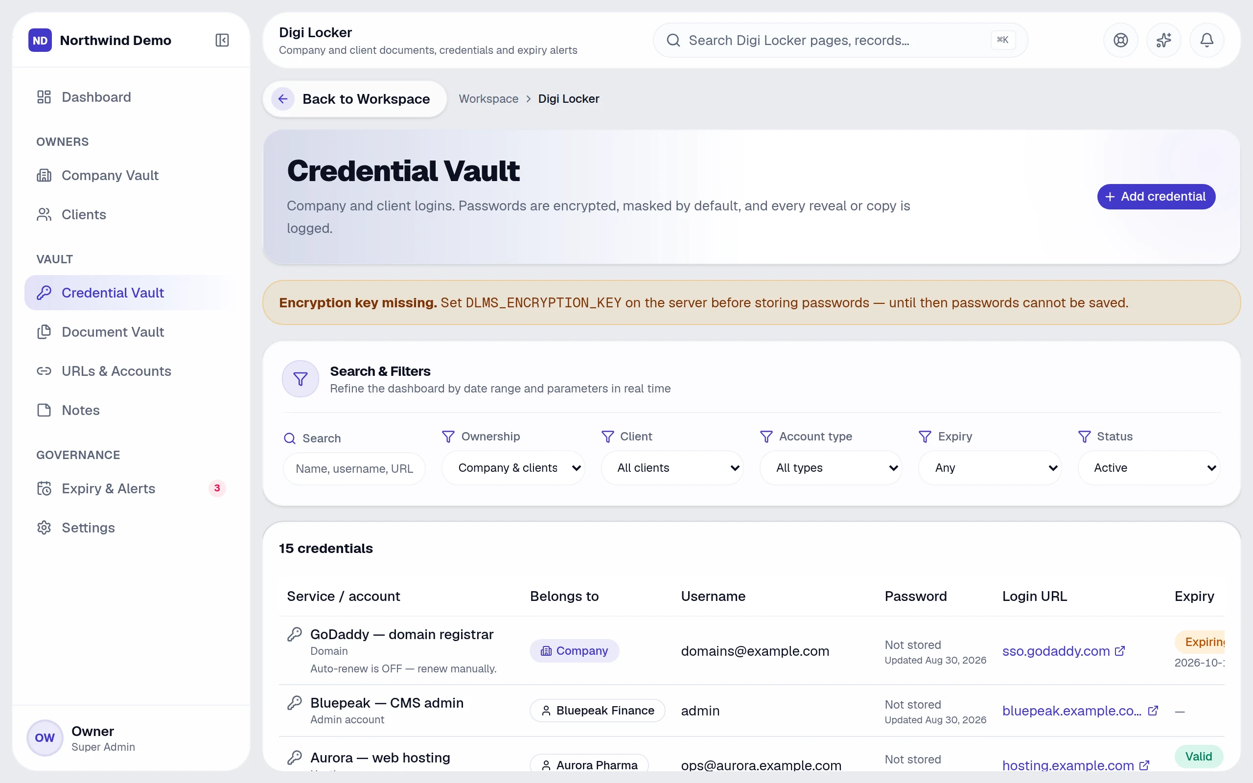 Credential vault — real screen of the product on a laptop