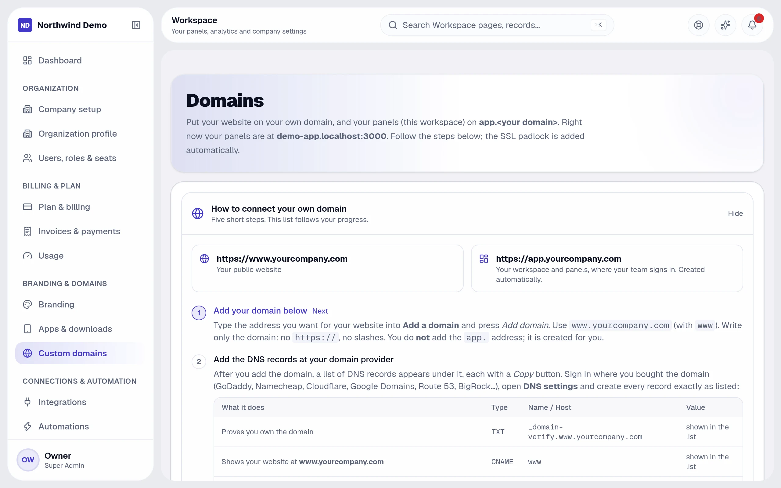 Connect your own domain with automatic SSL — real screen of the product on a laptop