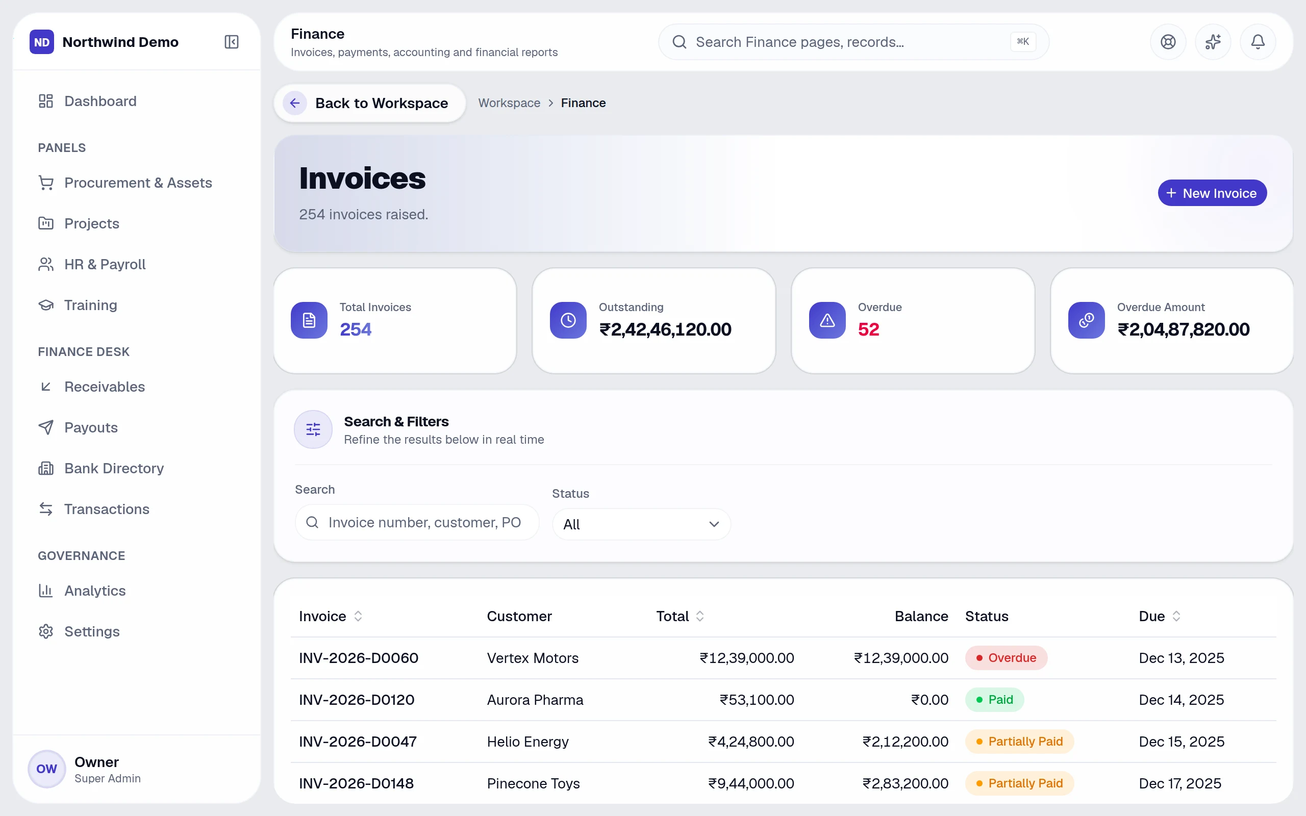 Invoices — real screen of the product on a laptop