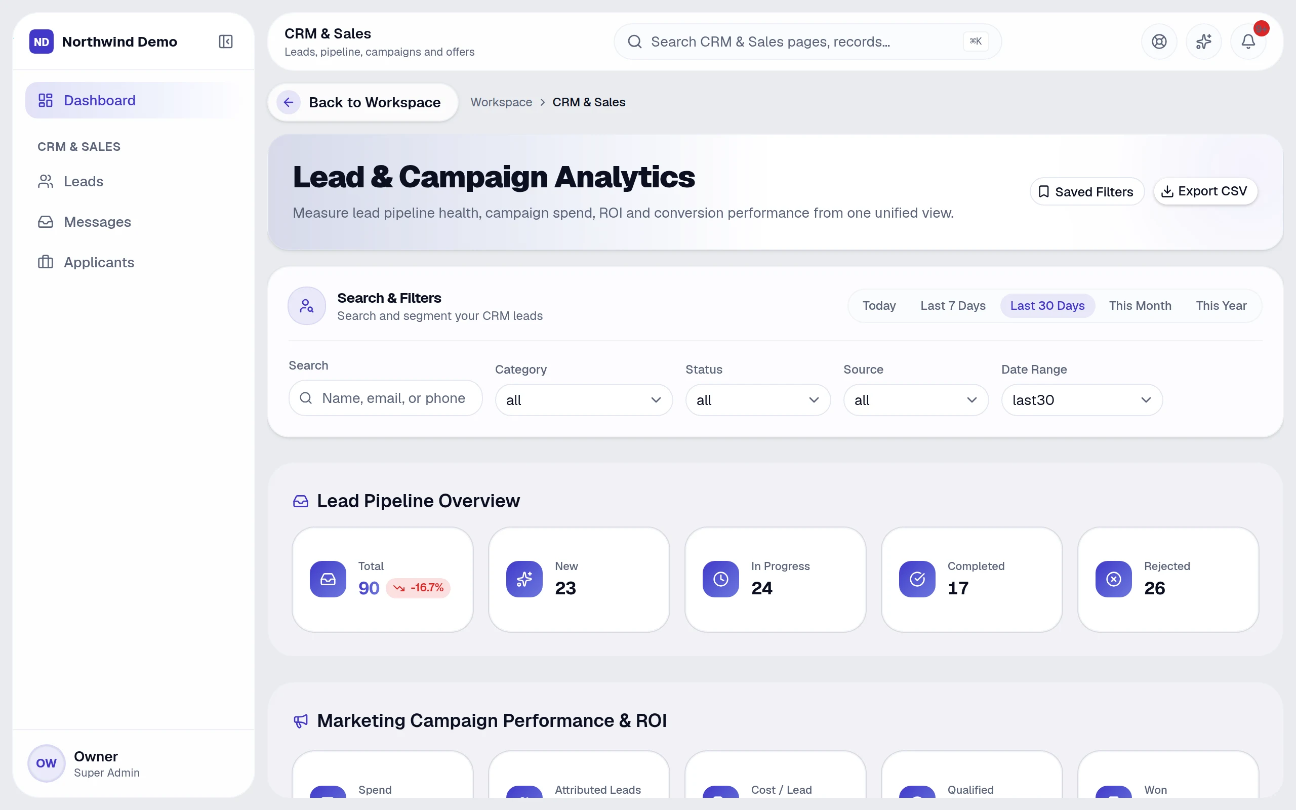CRM & Sales — real screen of the product on a laptop