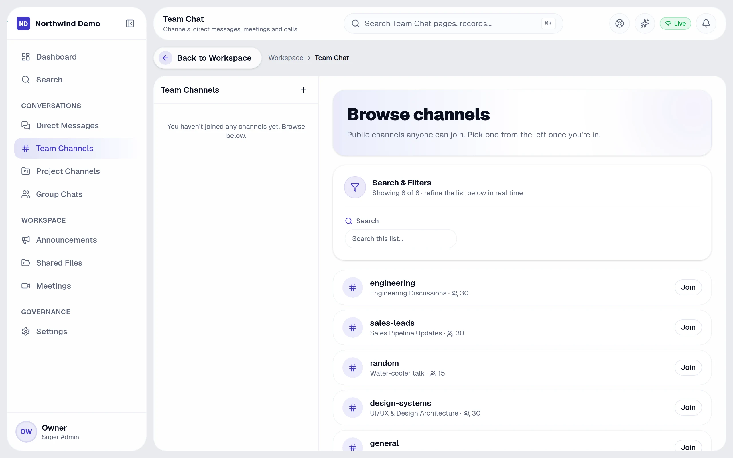 Team channels — real screen of the product on a laptop