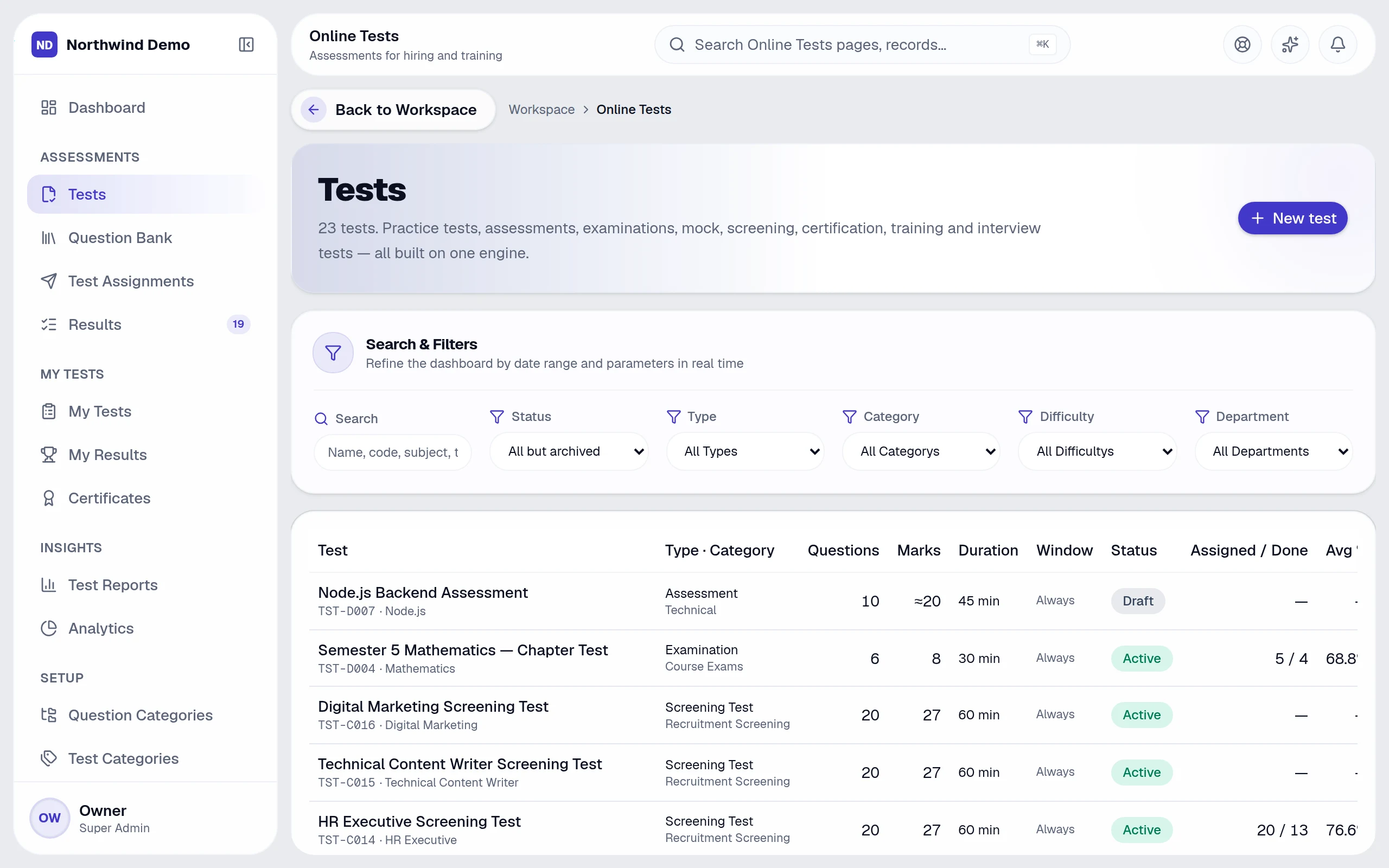 Tests — real screen of the product on a laptop