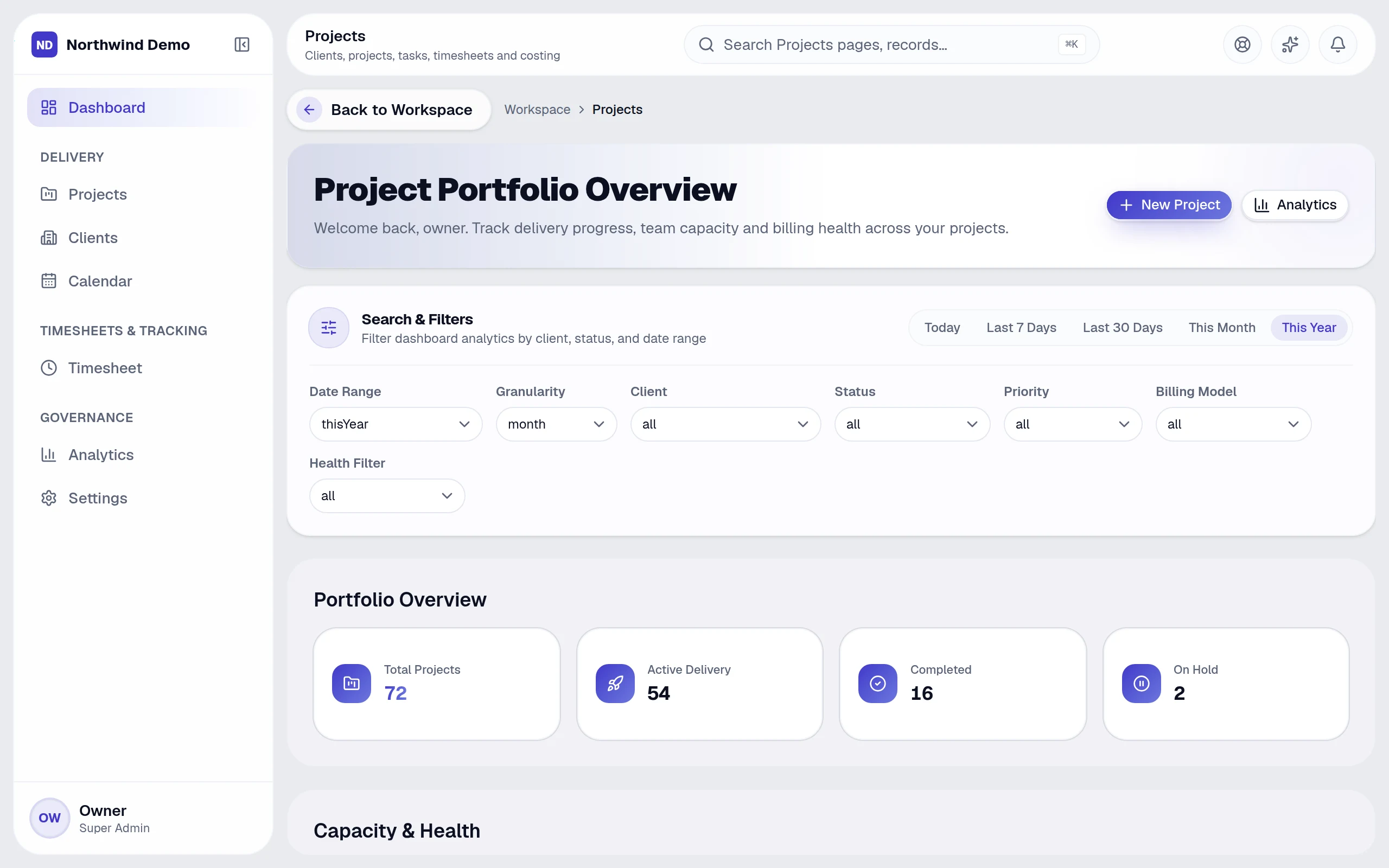 Projects — real screen of the product on a laptop
