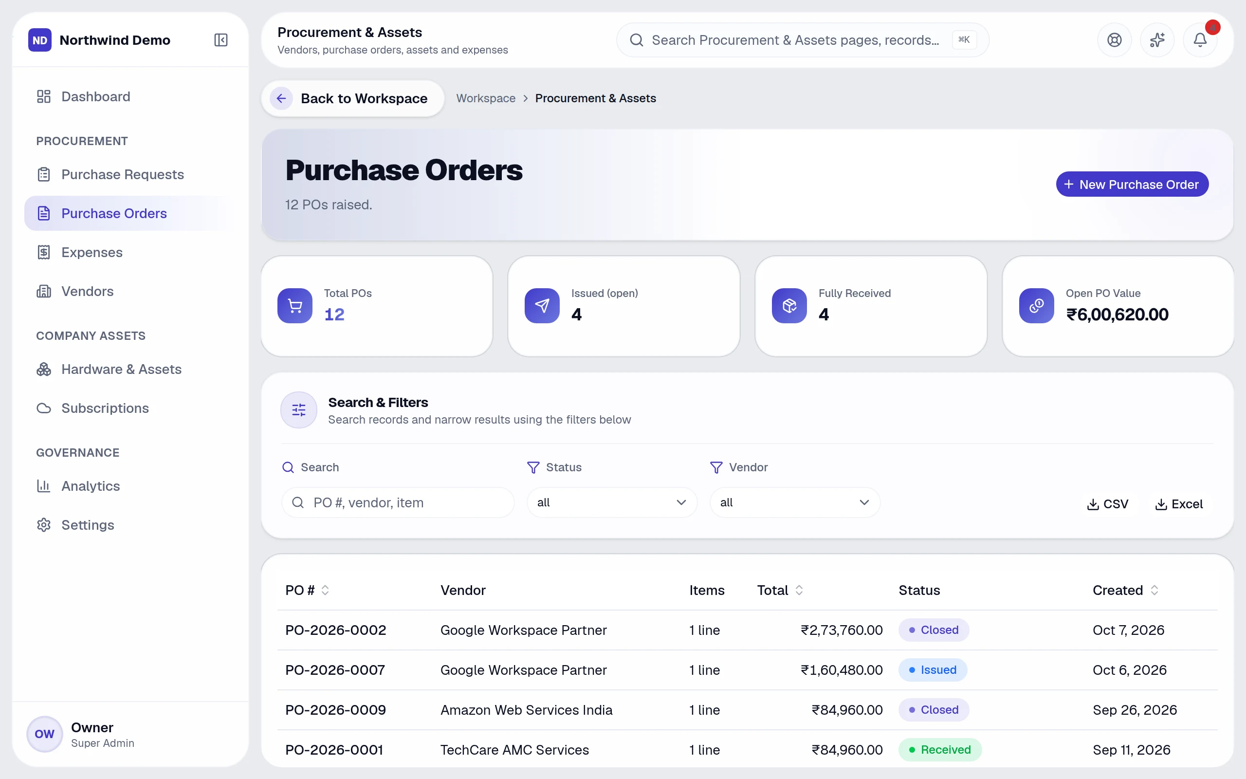Purchase orders — real screen of the product on a laptop