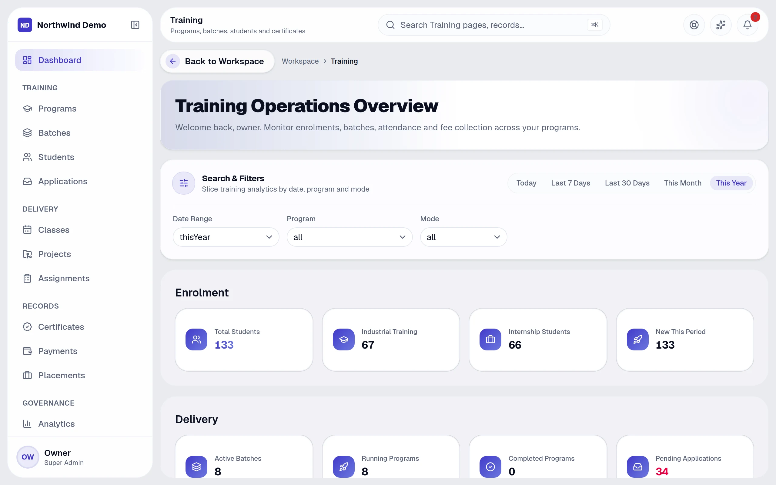 Run training programs, batches and certificates — real screen of the product on a laptop