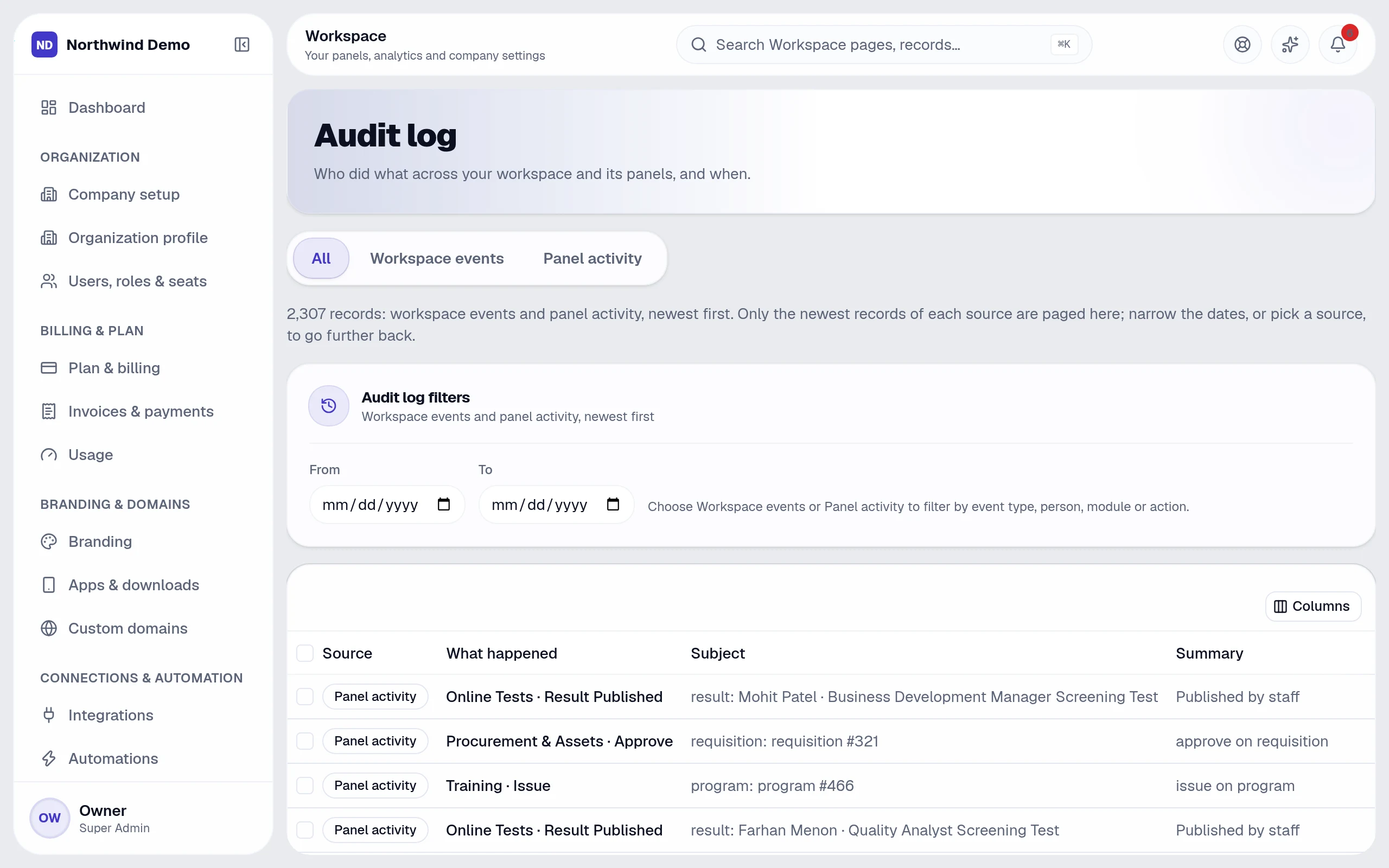 Audit log — real screen of the product on a laptop